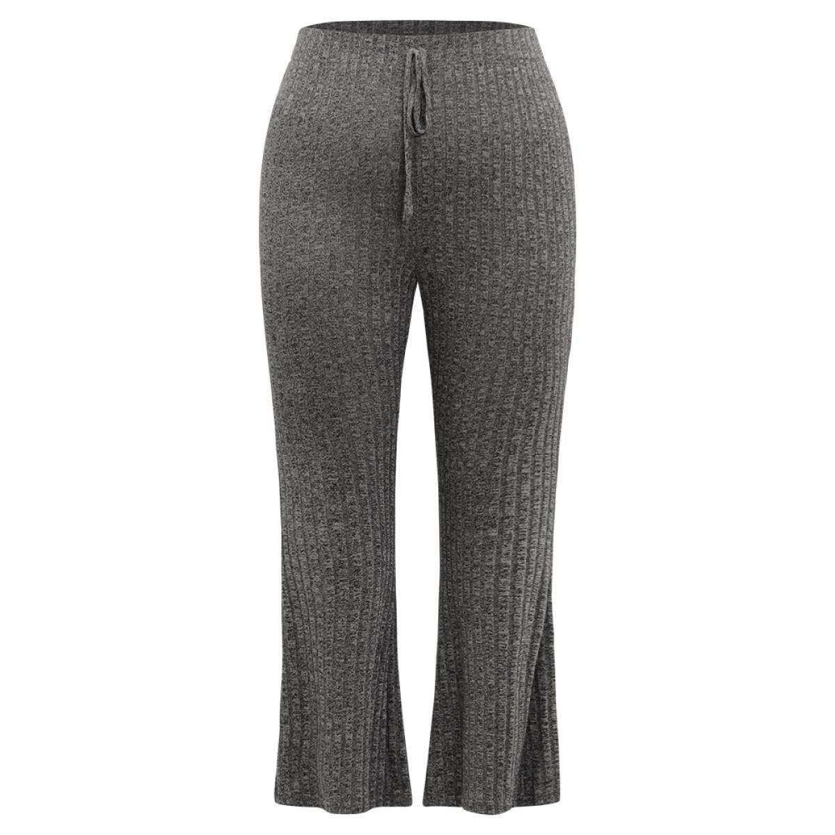 Rib Knit Bowknot Flare Leg Sweatpants Gray Plus Size Women Casual Dailywear Plain 12/L Bloomchic Product Image
