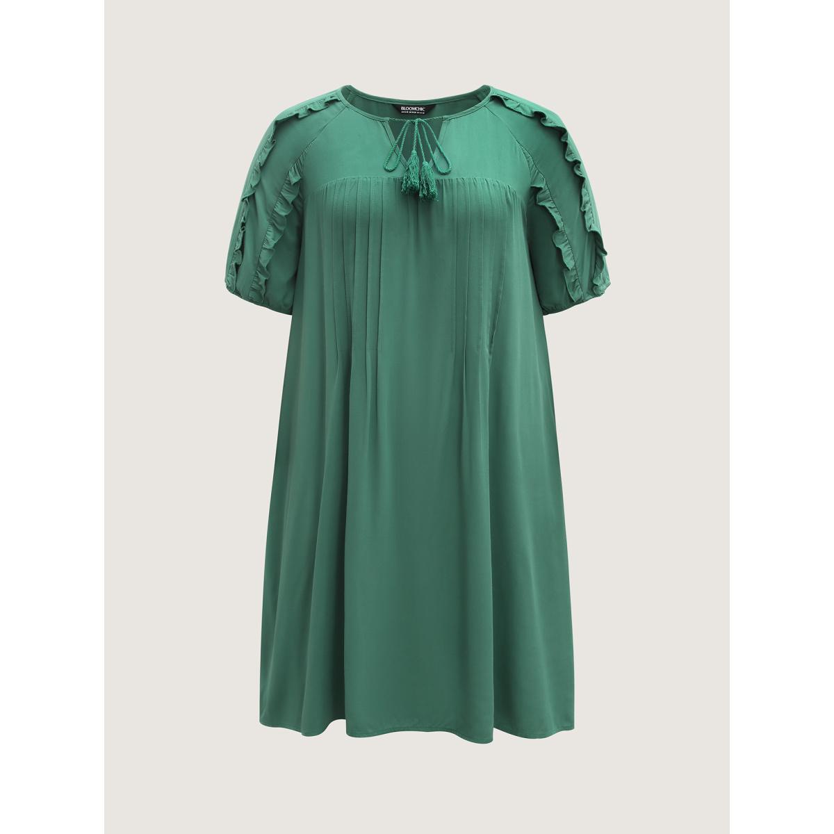 Plus Size Rayon Neck-Tie Pleated Midi Dress Teal Women Notched collar Short sleeve Curvy BloomChic 26/4X Product Image