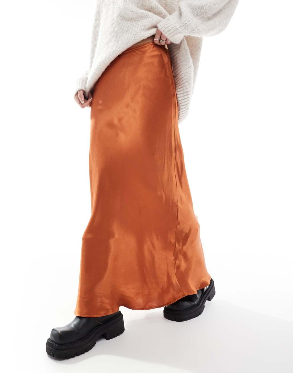 Miss Selfridge satin bias bow maxi skirt in ginger Product Image