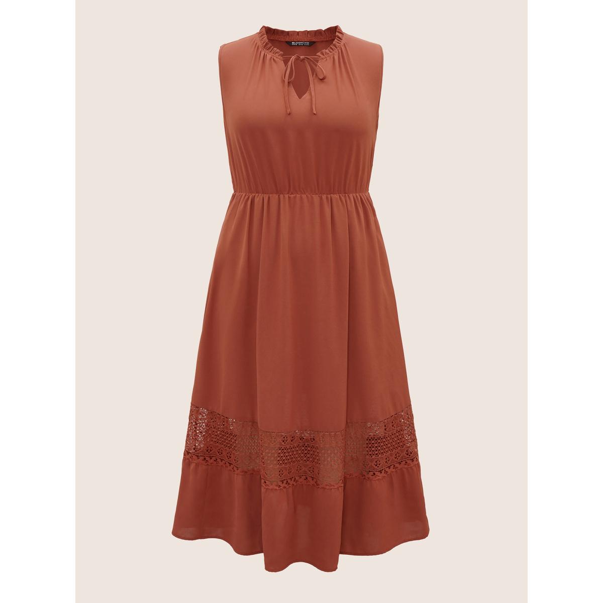 Plus Size Lace Panel Tie Neck Frill Trim Tank Dress Rust Women Resort Non V-neck Sleeveless Curvy Midi Dress BloomChic 30/6X Product Image