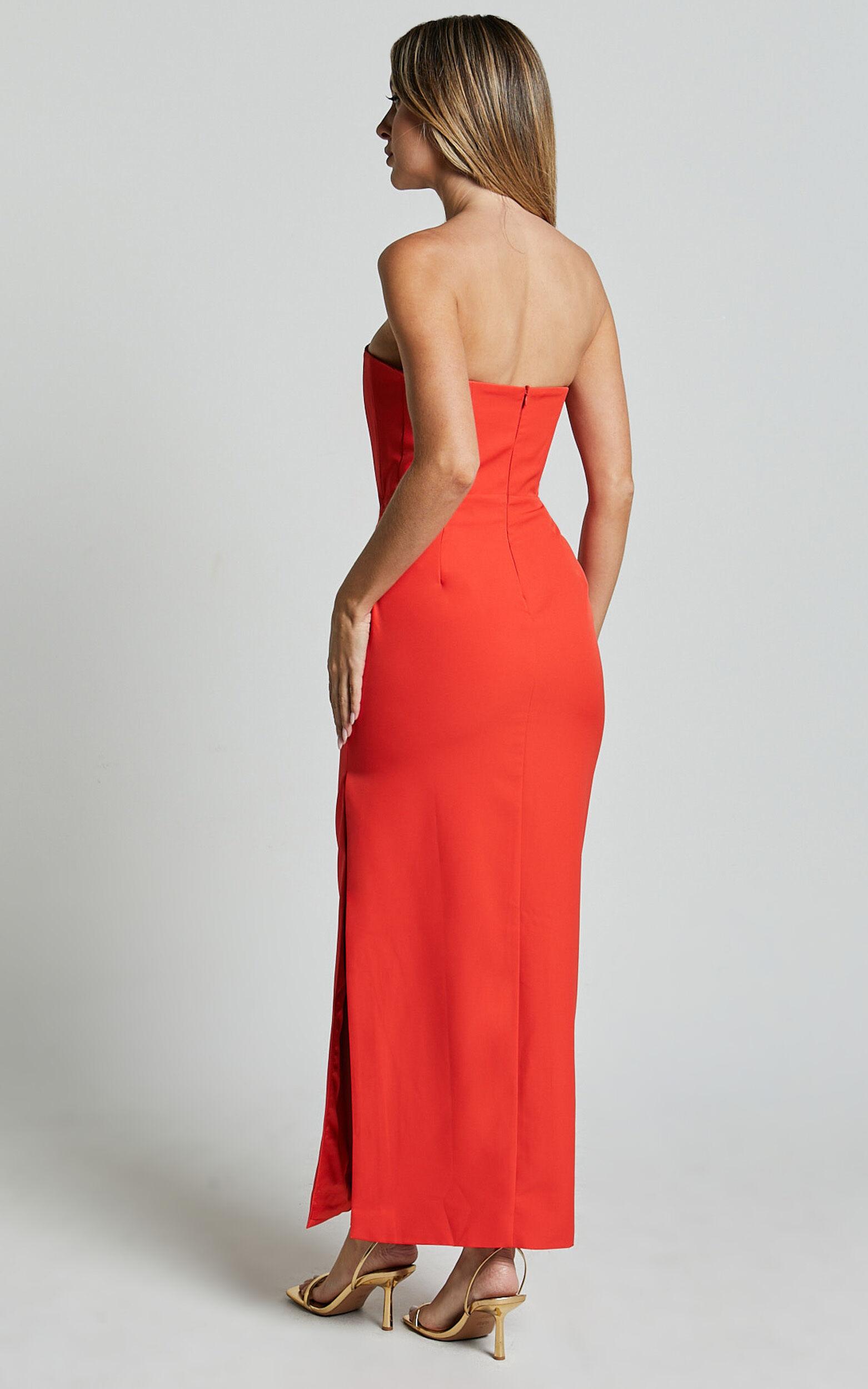 Avery Midi Dress - Strapless Draped Side Split Dress in Orange Product Image