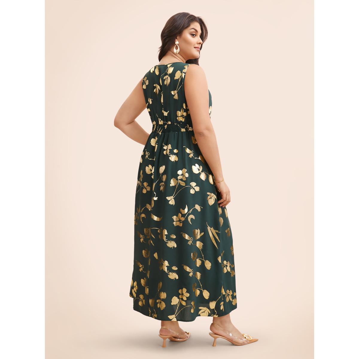 Plus Size Glitter Floral Sleeveless Maxi Dress DarkGreen Women Cocktail Texture V-neck Sleeveless Curvy BloomChic 22-24/3X Product Image