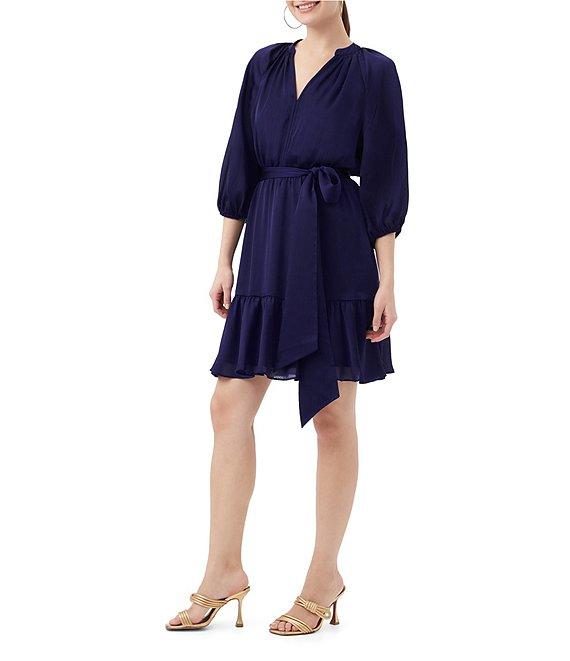 Trina Turk Asuma Crinkle Georgette V-Neck 3/4 Sleeve Tie Waist Dress Product Image