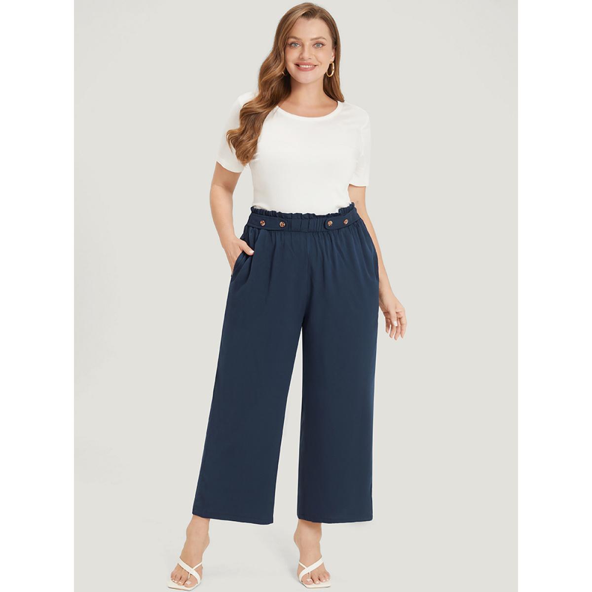 Plus Size Plain Pocket Paperbag Waist Button Detail Pants Women Indigo Elegant Straight Leg High Rise Dailywear Pants BloomChic 10/M Product Image