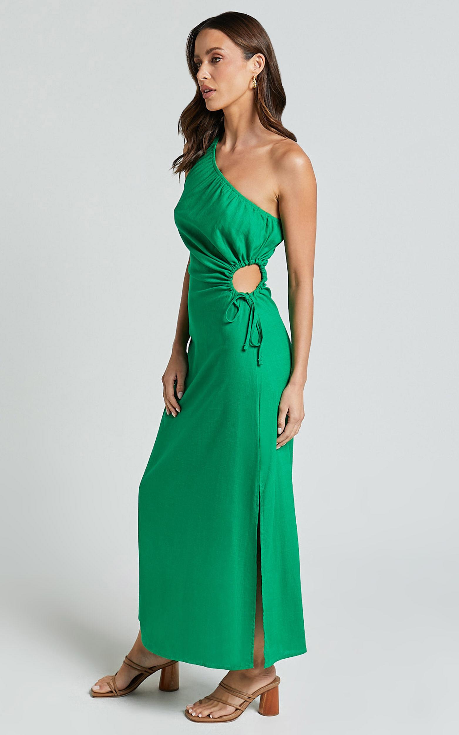 Kari Midi Linen Blend Dress - One Shoulder Slip Dress in Green Product Image