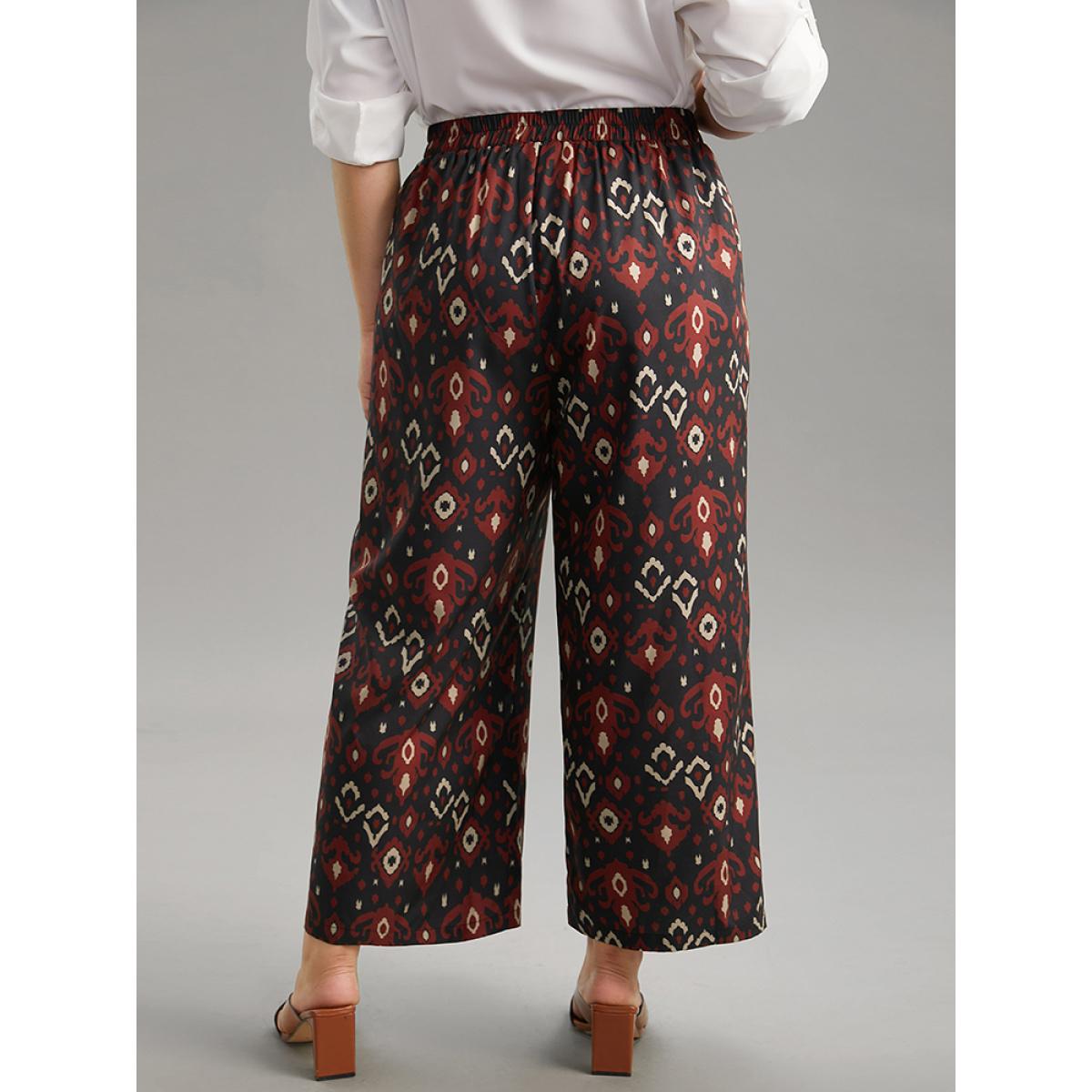 Plus Size Moroccan Print Elastic Waist Wide Leg Pants Women Black Vacation Wide Leg High Rise Dailywear Pants BloomChic 30/6X Product Image