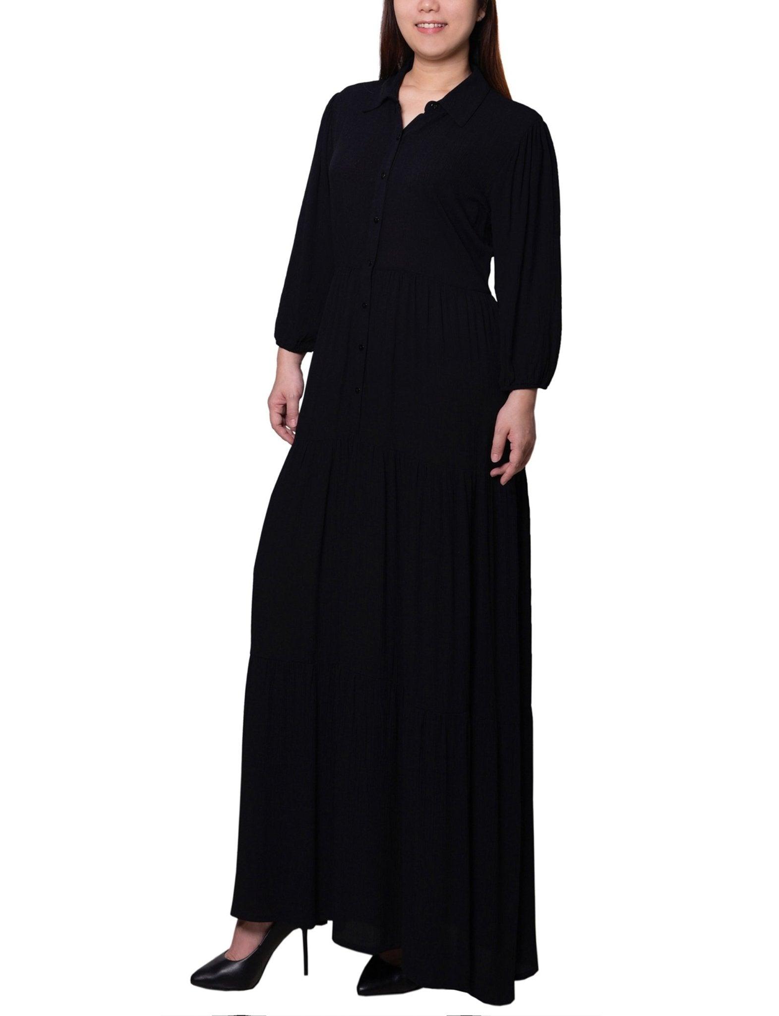 Black 3/4 Sleeve Crinkle Tiered Maxi Dress - Petite Product Image