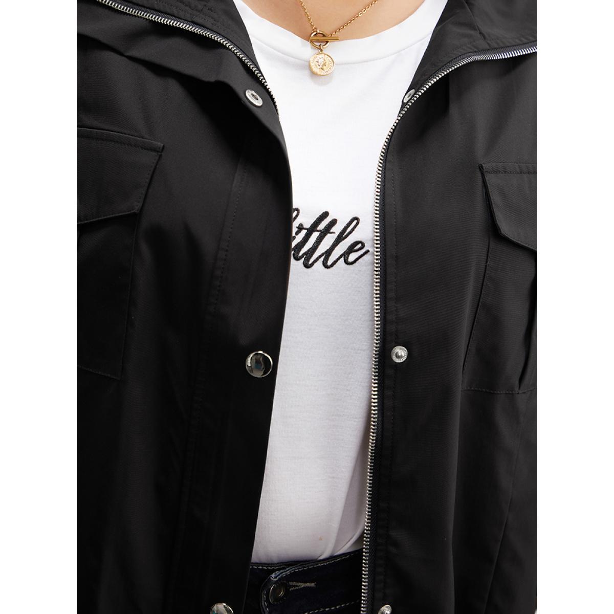 Plus Size Solid Zipper Detail Button Up Drawstring Jacket Women Black Plain Pocket Dailywear Jackets BloomChic 12/L Product Image