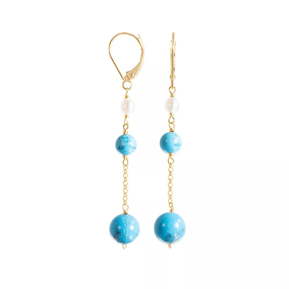 Jewelmak 14k Gold Freshwater Cultured Pearl & Turquoise Dangle Leverback Earrings, Women's Product Image