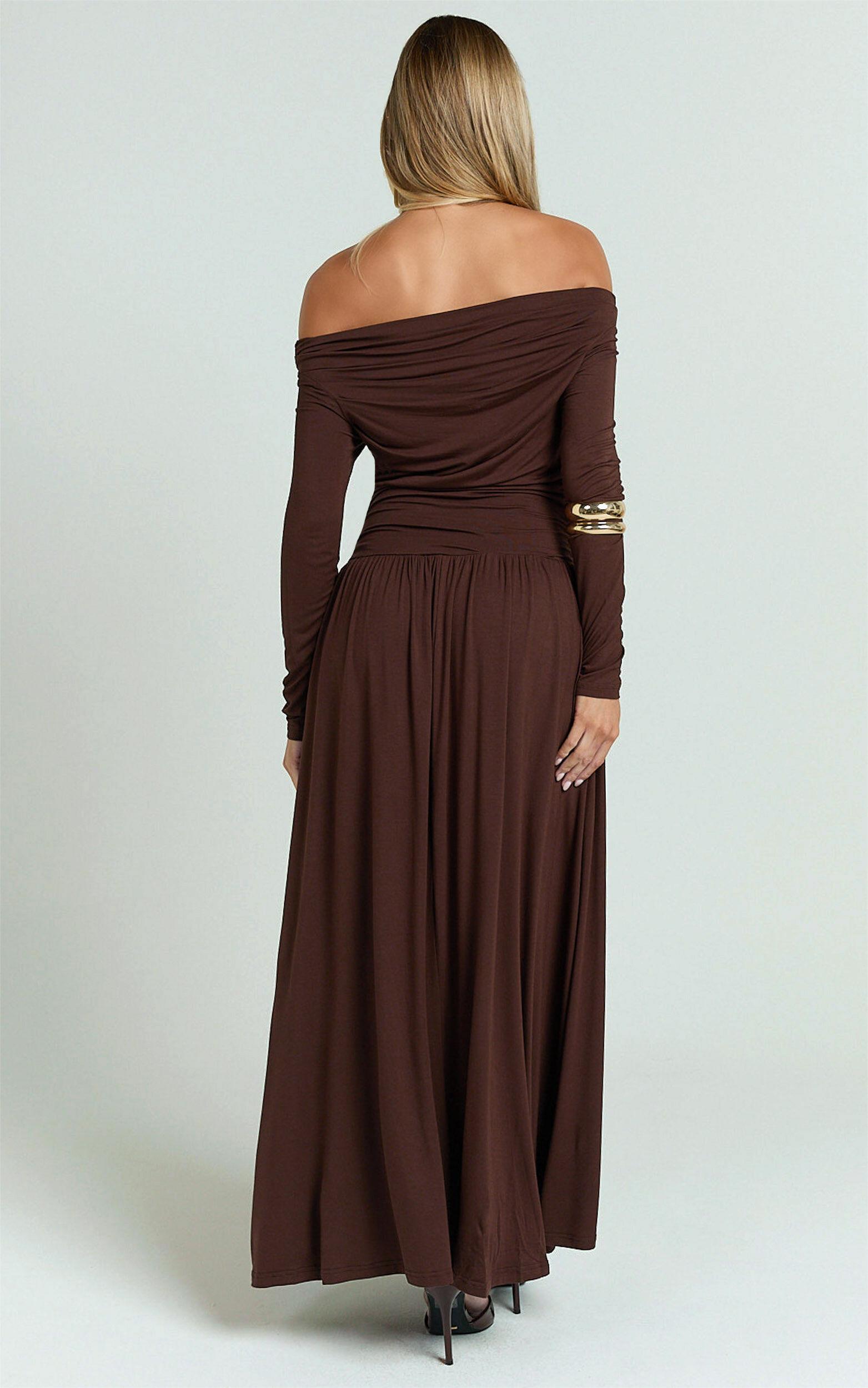Antonia Maxi Dress - Off The Shoulder Long Sleeve Dress in Brown Product Image