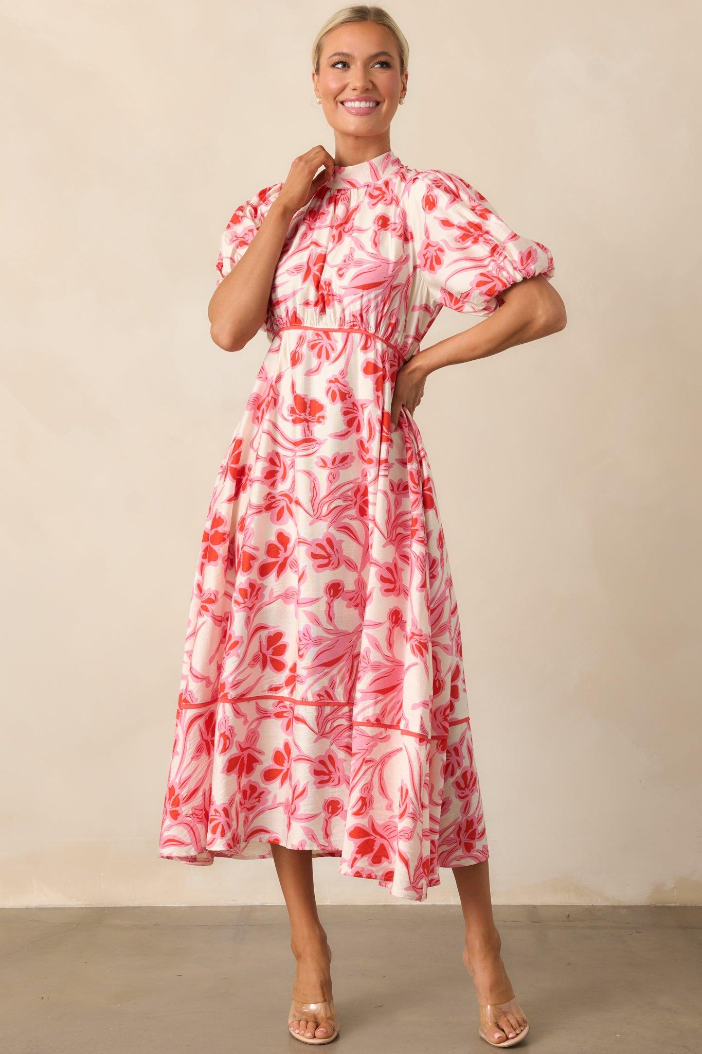 Blooming Season Pink Floral Puff Sleeve Midi Dress Product Image