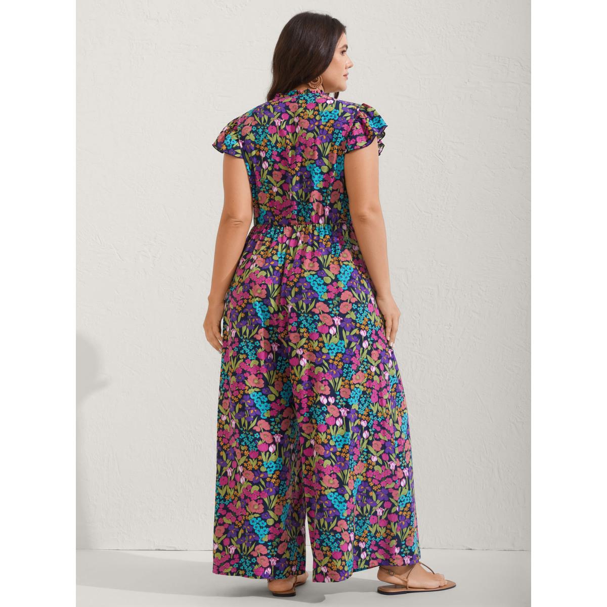 Plus Size Midnight Sunkissed Floral Print Button Wide-Leg Jumpsuit Women Resort Cap Sleeve Notched collar Vacation Loose Jumpsuits BloomChic 28/5X Product Image