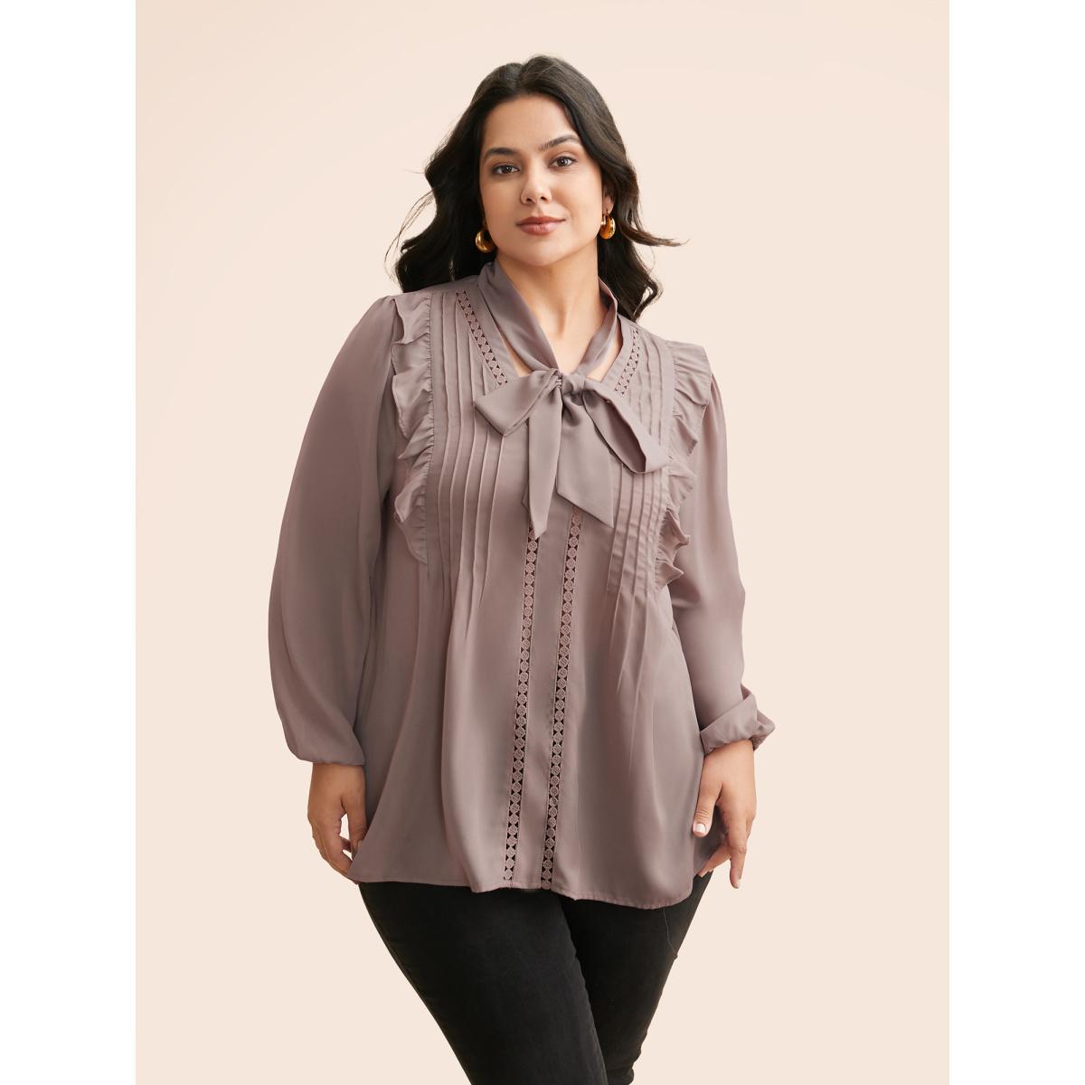 Plus Size Dirtypink Ribbon Tied Collar Ruffles Lantern Sleeve Blouse Women Elegant Long Sleeve Ribbon-tied collar Everyday Blouses BloomChic 26/4X Product Image