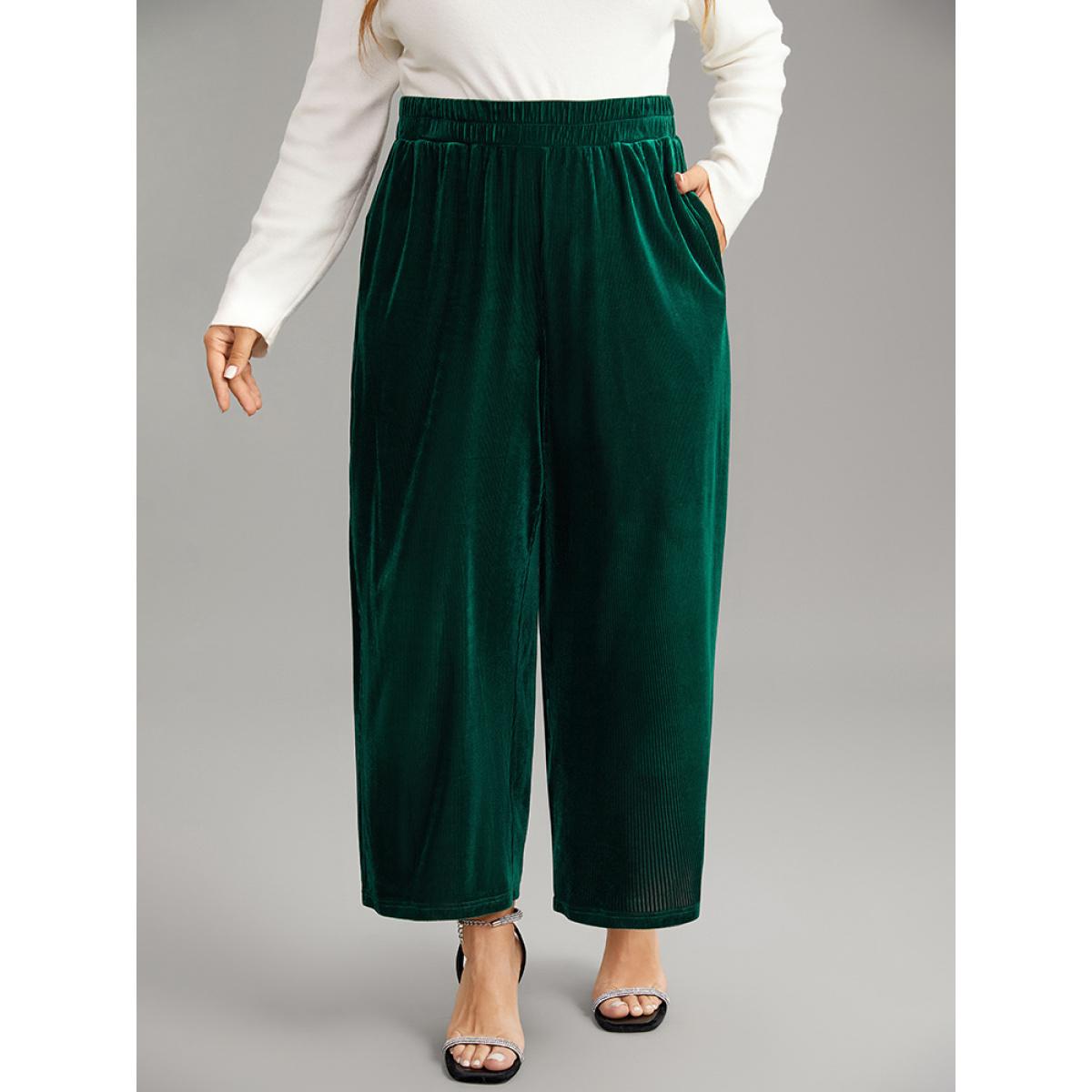 Plus Size Solid Textured Velvet Elastic Waist Gathered Pants Women DarkGreen Glamour Wide Leg High Rise Going out Pants BloomChic 12/L Product Image