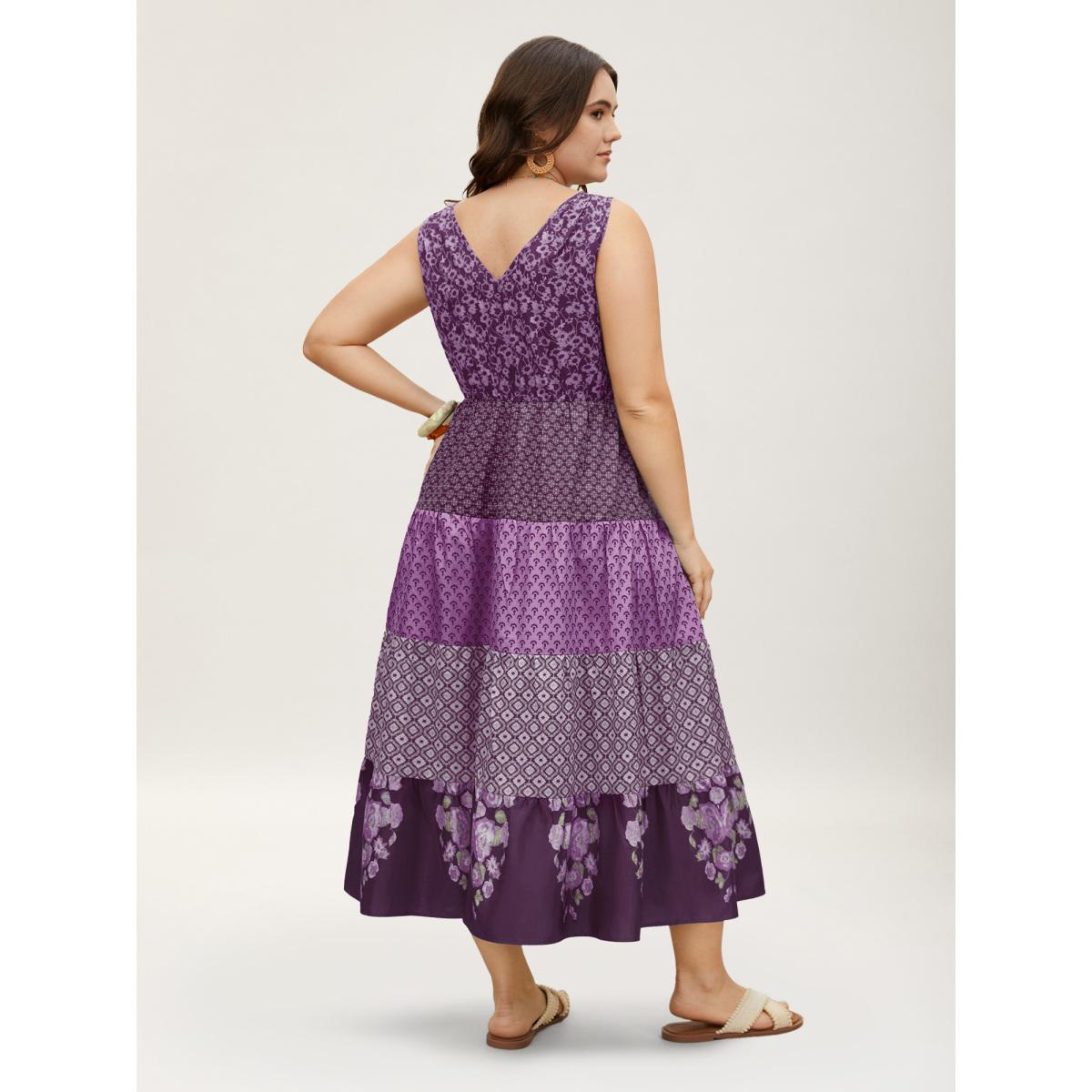 Plus Size Bandana Patchwork Floral Sleeveless Dress Mauve Women Boho Pleated V-neck Sleeveless Curvy BloomChic 22-24/3X Product Image