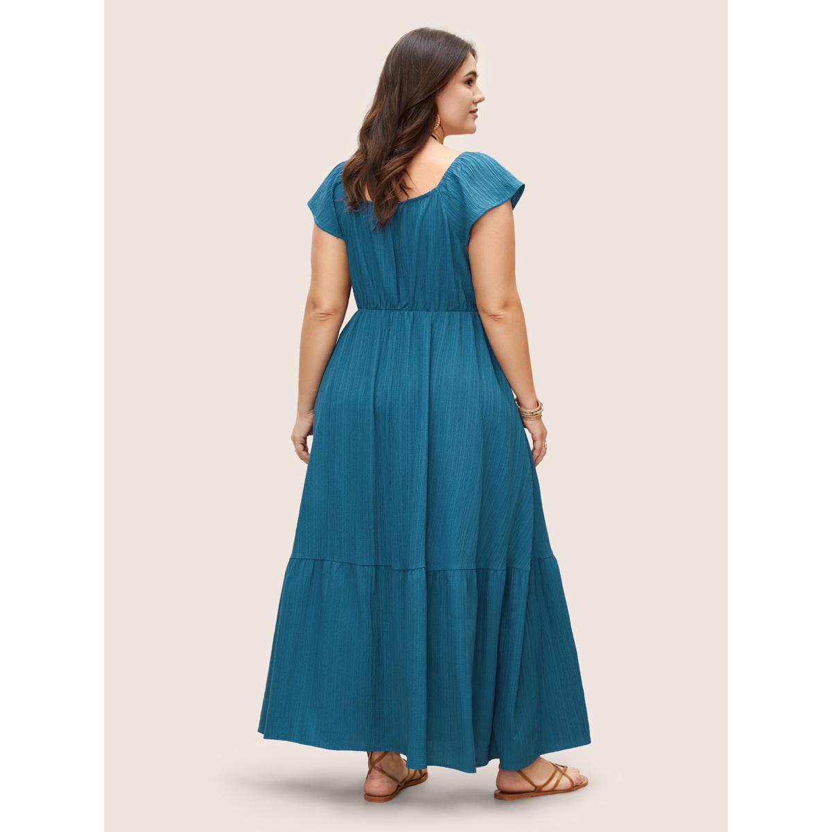 Plus Size Texture Drawstring Tie Knot Tassels Dress Cerulean Women Resort Tie knot V-neck Cap Sleeve Curvy BloomChic 22-24/3X Product Image