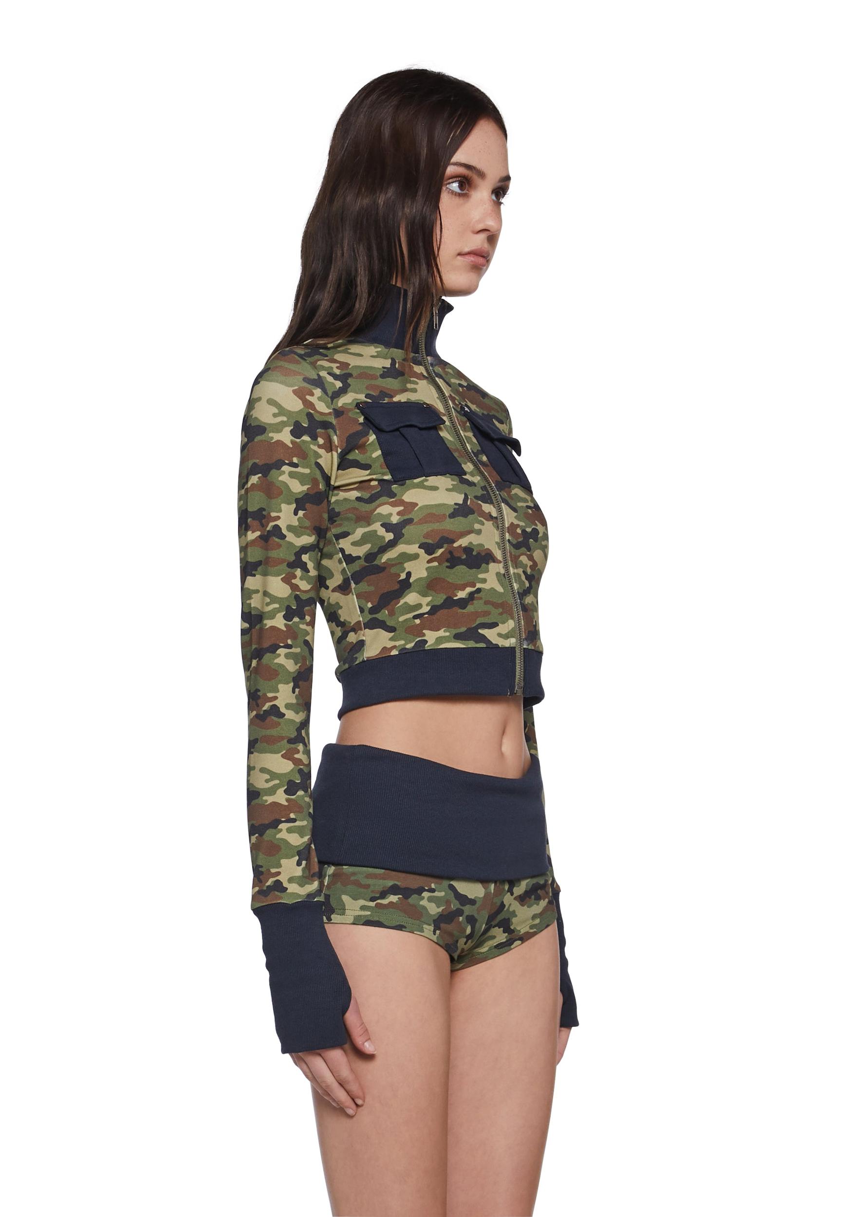 Womens Camo Print Long Sleeve Zip Up Sweater Generation Kiss - Green Product Image