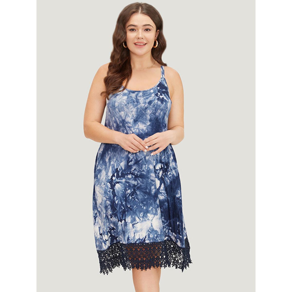 Plus Size Tie Dye Pocket Lace Hem Cami Dress Indigo Women Vacation Adjustable Straps Spaghetti Strap Sleeveless Curvy Midi Dress BloomChic 10/M Product Image