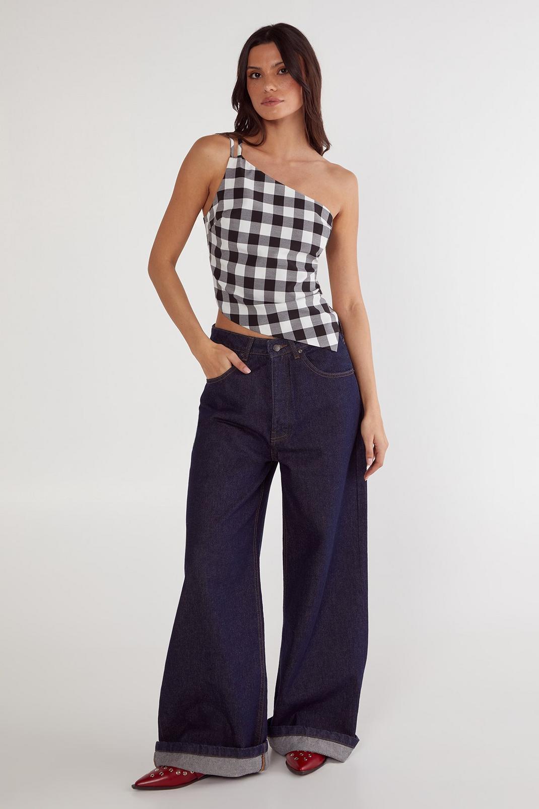 Gingham Tailored Asym Neck Top Product Image