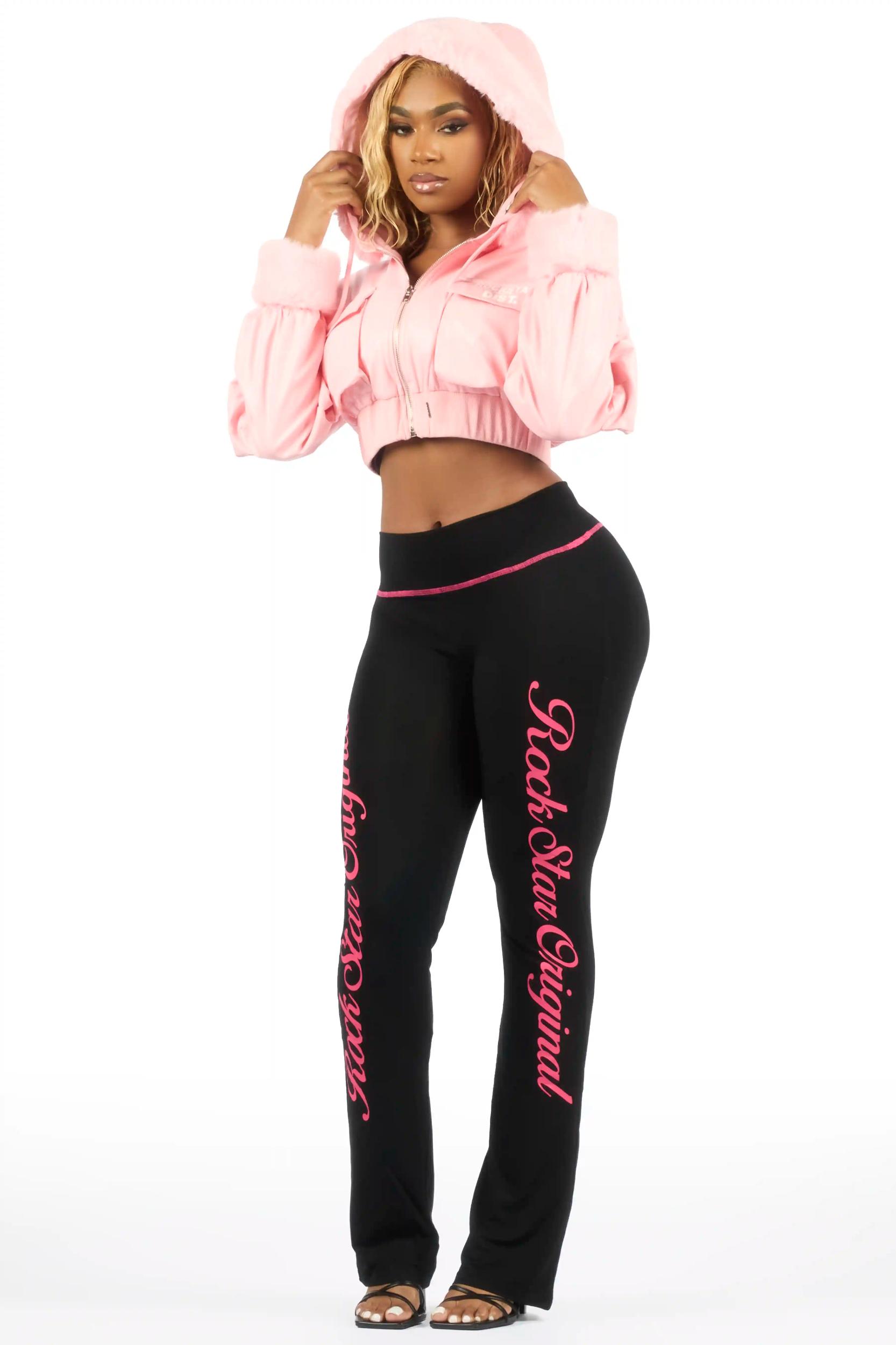 Amyia Pink PU Jacket With Fur Hood Female Product Image