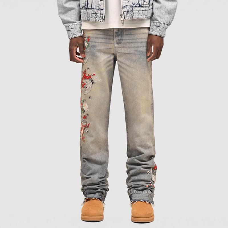 Men's Stretch Patch Embroidered Denim Straight Pants Product Image