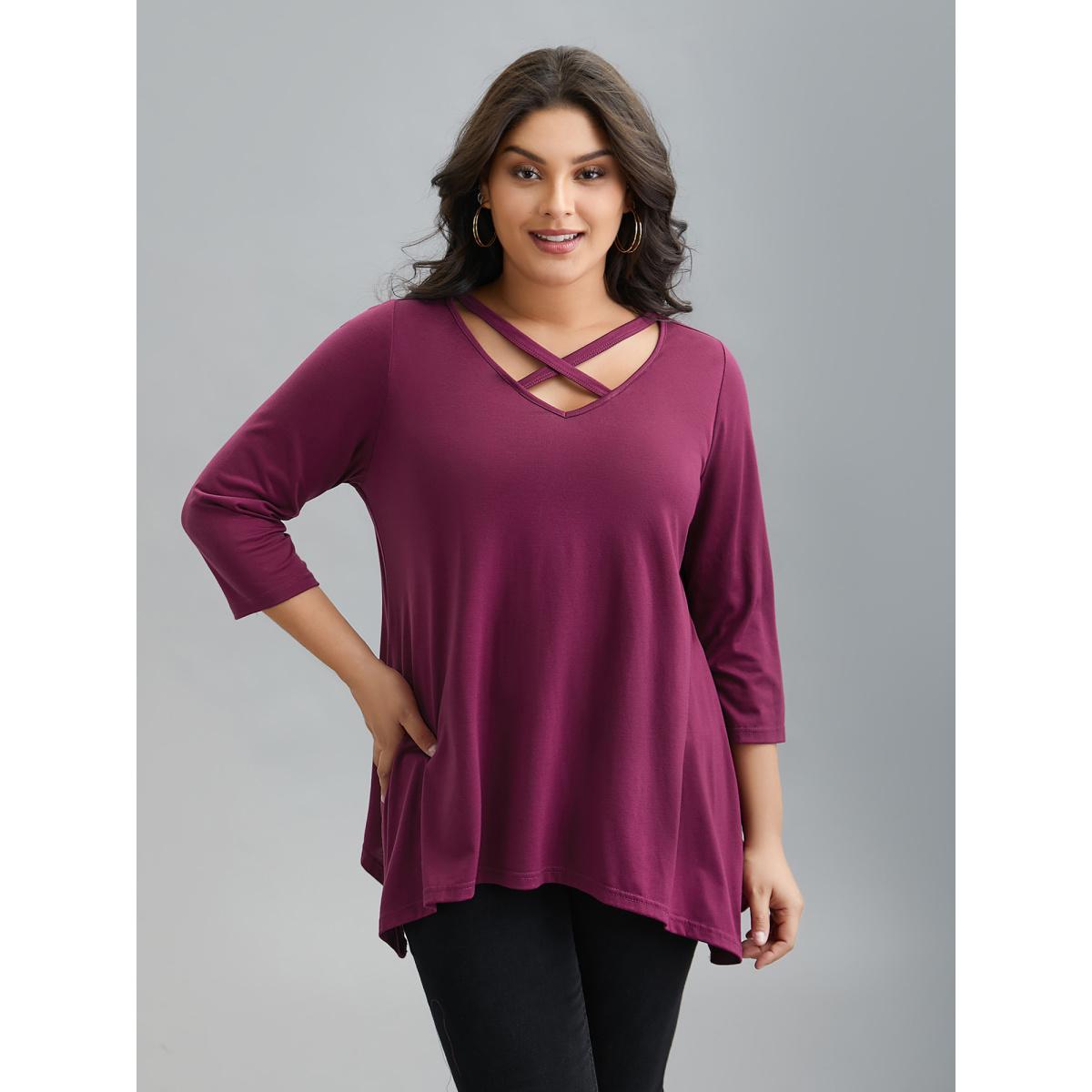 Plus Size Crossover Neck-Tie Flared T-Shirt RedViolet Women Casual Asymmetrical V-neck Loose Everyday T-shirts BloomChic 12/L Product Image