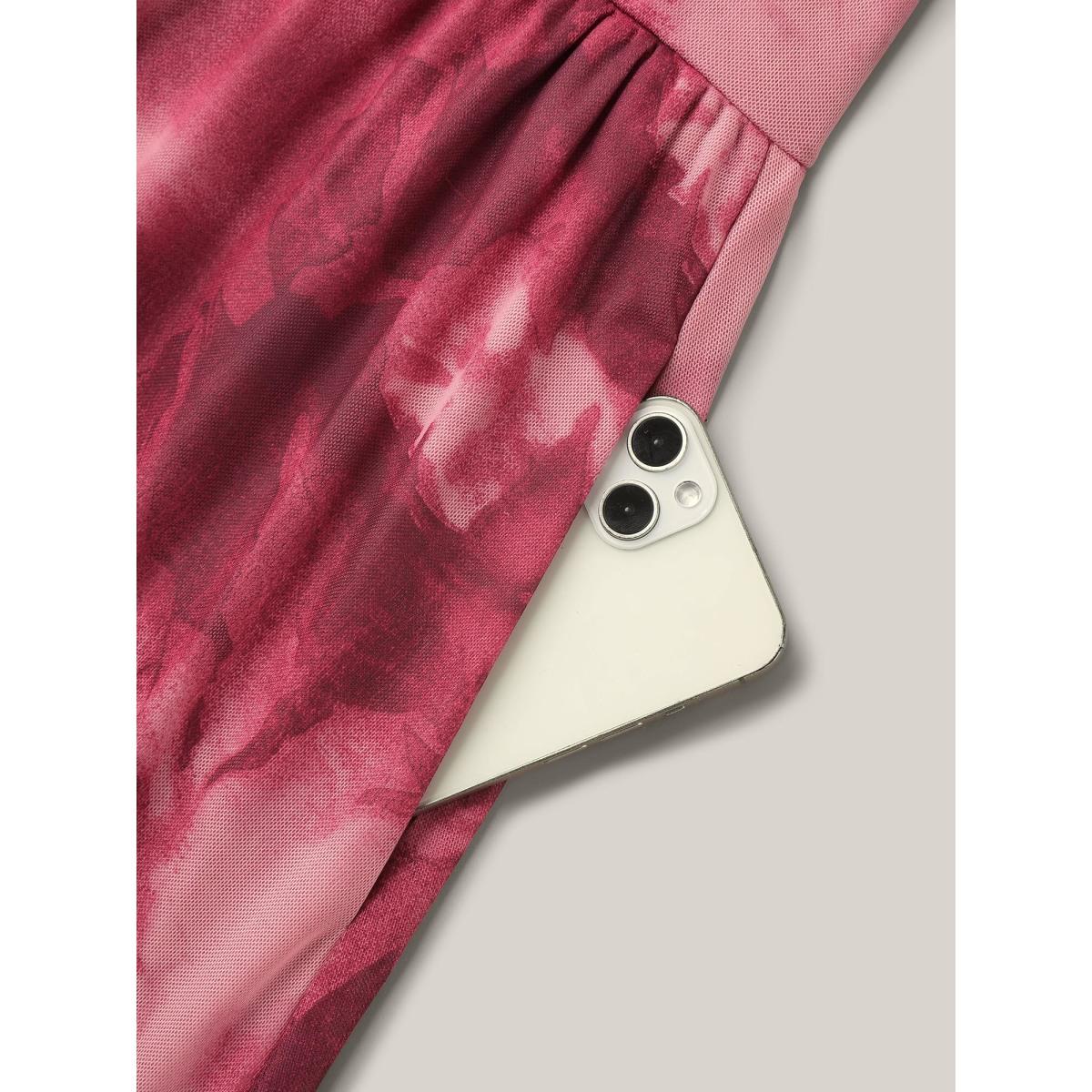 Plus Size Ombre Gradient Mesh Puff Sleeve Midi Dress RedViolet Women Elegant Heart neckline Elbow-length sleeve Curvy BloomChic 22-24/3X Product Image