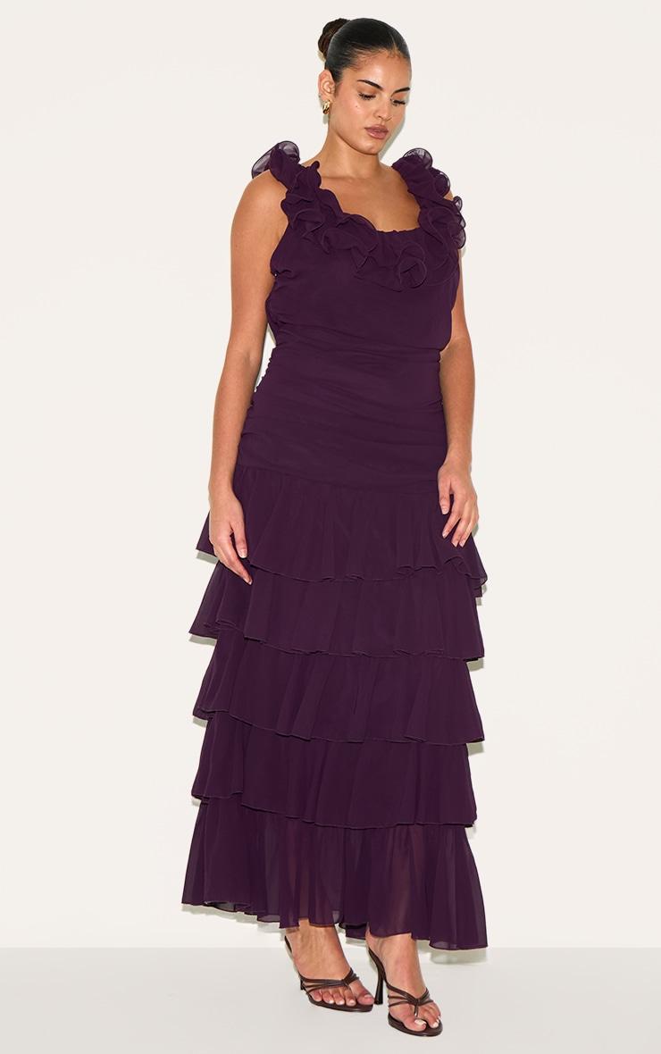 Plus Wine Chiffon Ruched Ruffle Maxi Dress Product Image