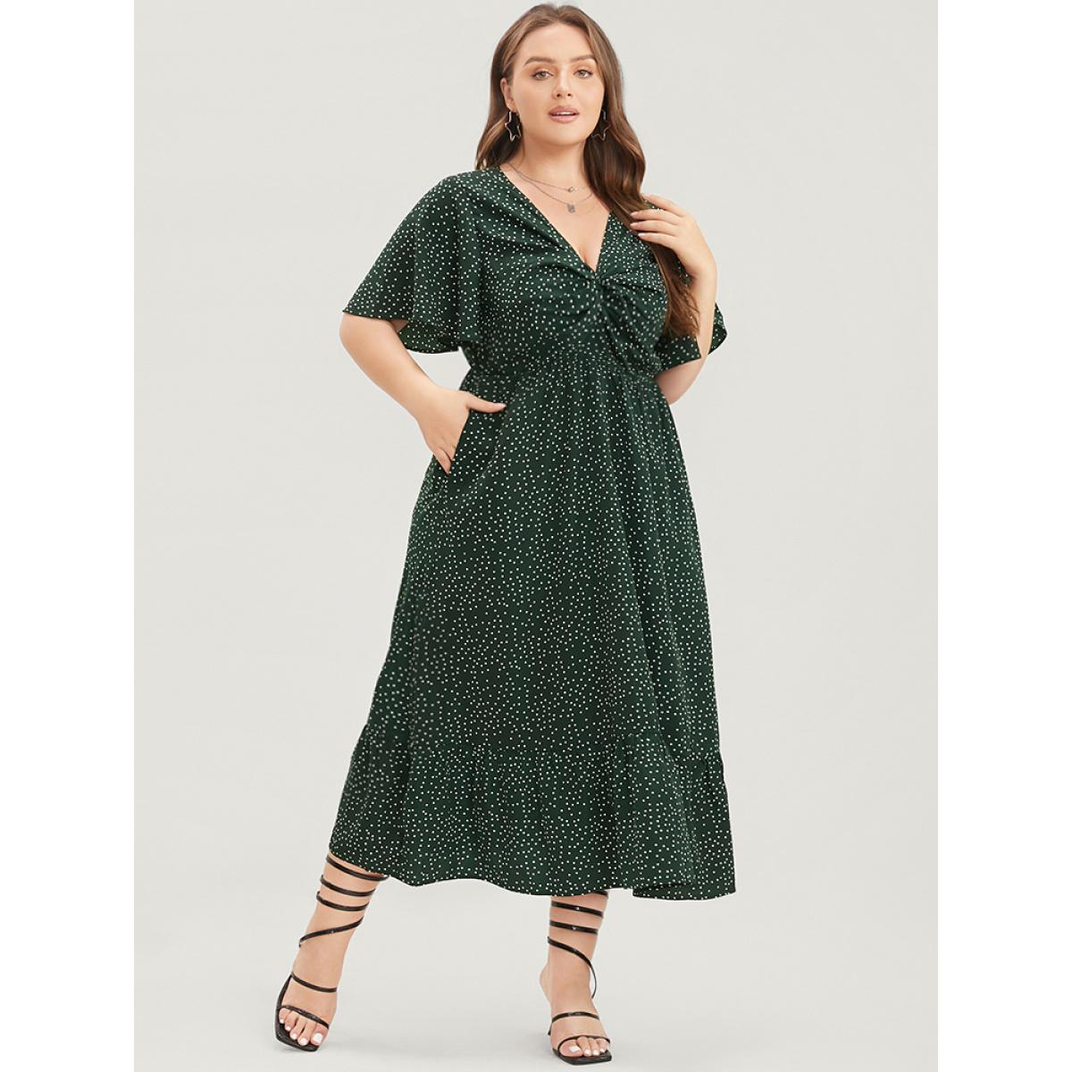 Plus Size Polka Dot Twist Front Pocket Flutter Hem Dress DarkGreen Women Elegant Pocket V-neck Short sleeve Curvy Midi Dress BloomChic 26/4X Product Image
