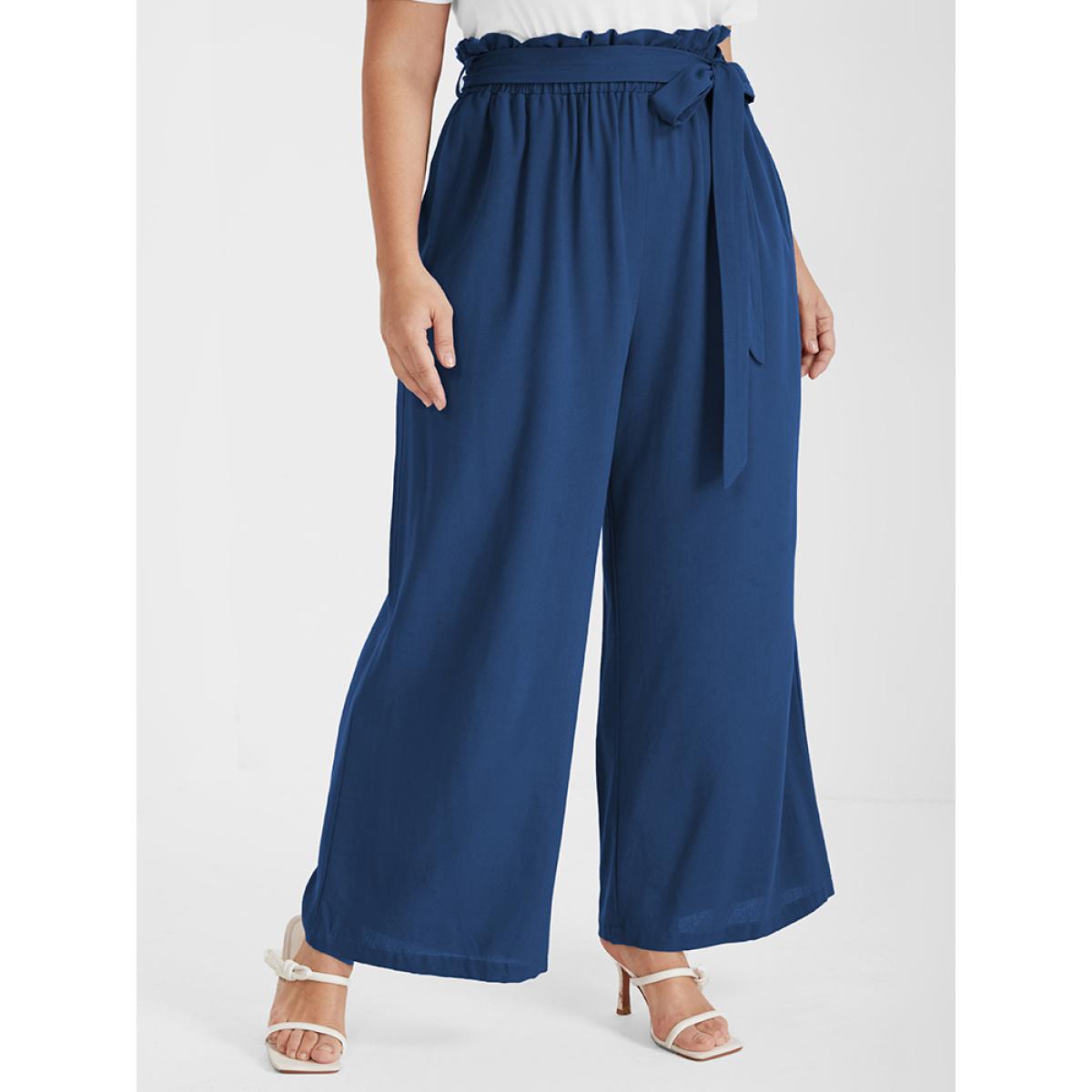 Plus Size Solid Pocket Belted Straight Pants Women DarkBlue Elegant Loose High Rise Dailywear Pants BloomChic 30/6X Product Image