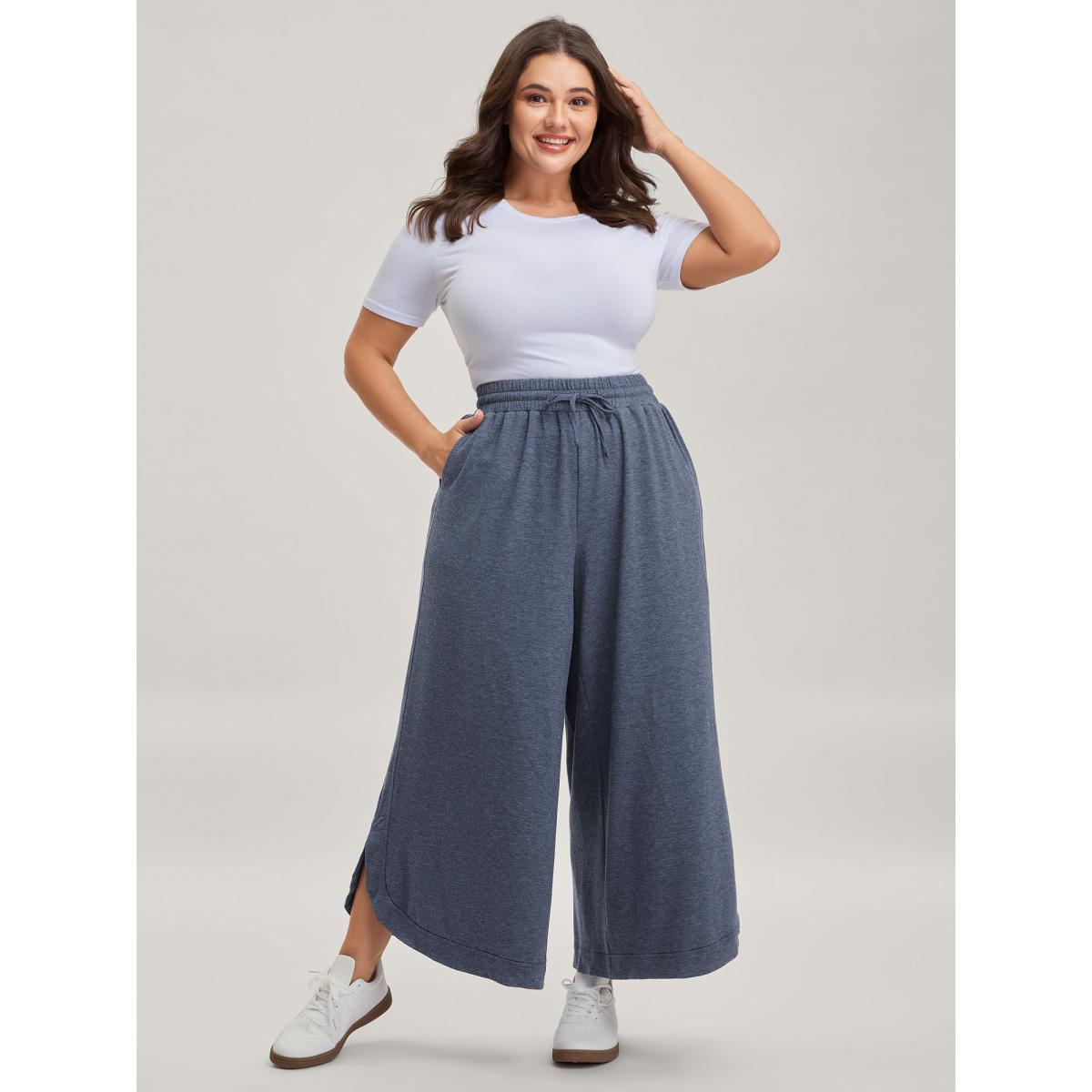 Plus Size Waist Drawstring Split Hem Wide-Leg Pants Women Indigo Leisure Loose Mid Rise Casual Pants BloomChic 10/M Product Image
