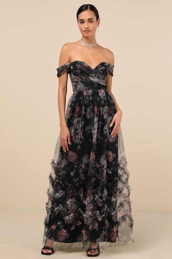 Ideal Beauty Black Floral Mesh Off-the-Shoulder Maxi Dress Product Image
