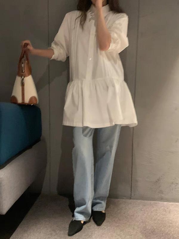 A-Line Long Sleeves Buttoned Pleated Solid Color Lapel Mini Dresses Shirt Dress Product Image