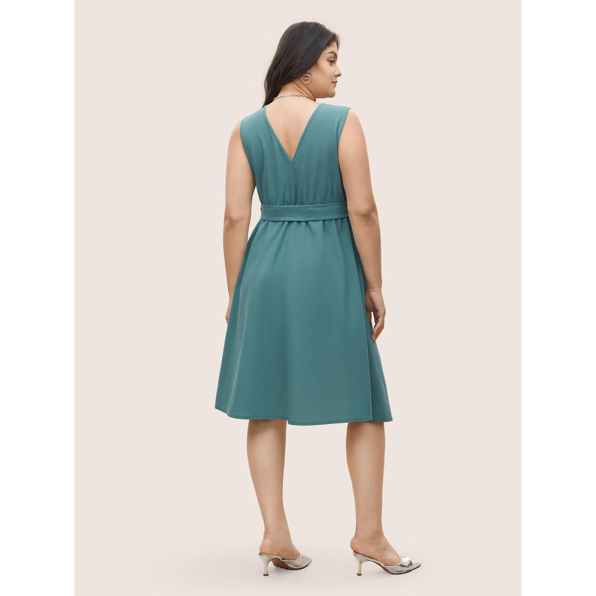 Plus Size Asymmetrical Neck Pleated Belted Sleeveless Dress Emerald Women At the Office Non Asymmetrical Neck Sleeveless Curvy Midi Dress BloomChic 22-24/3X Product Image