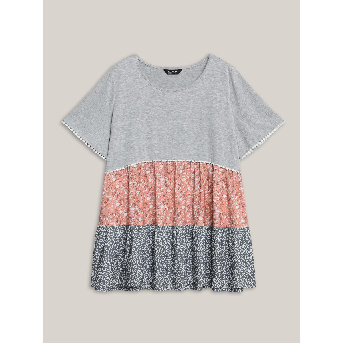 Plus Size Ditsy Floral Print Patchwork Layered T-Shirt Multicolor Women Leisure Woven ribbon&lace trim Natural Flowers Round Neck Casual T-shirts BloomChic 14-16/1X Product Image
