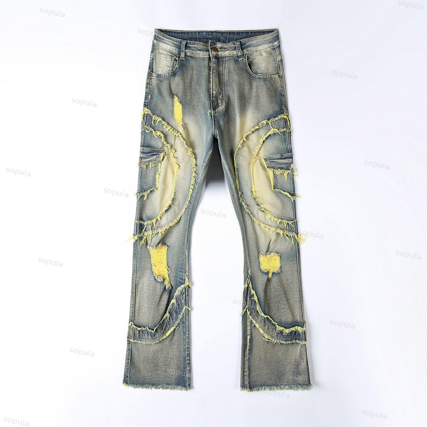 Men's Ripped Flared Fringe Stretch Jeans Product Image