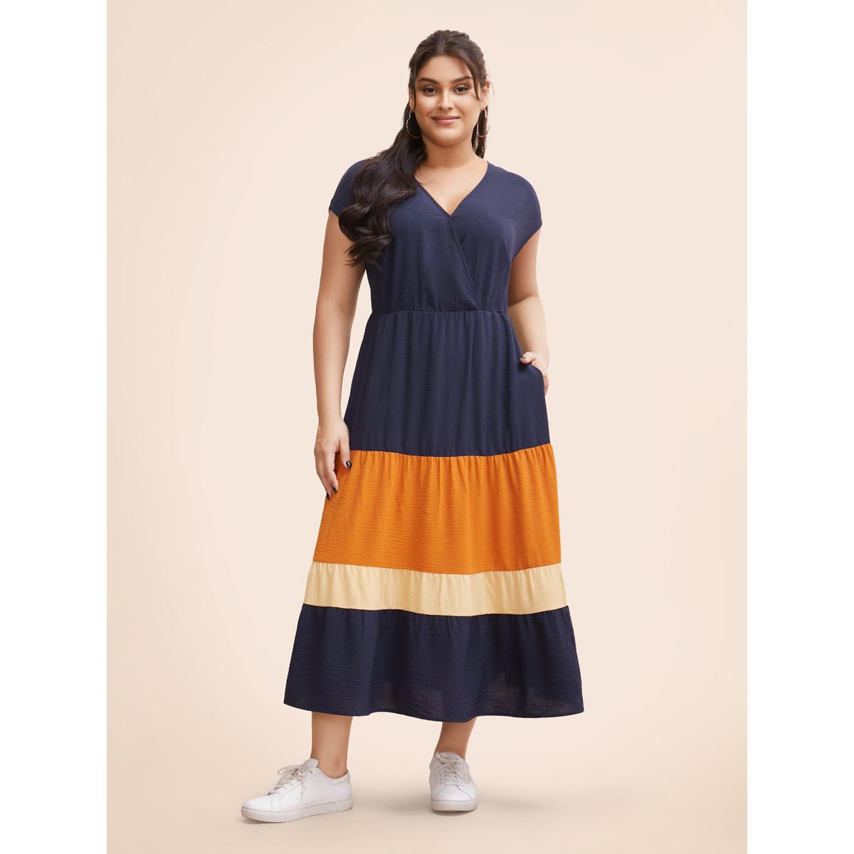 Plus Size Colorblock Contrast Pocket Wrap Flutter Tiered Tank Dress DarkBlue Women Casual Wrap V-neck Cap Sleeve Curvy Midi Dress BloomChic 10/M Product Image