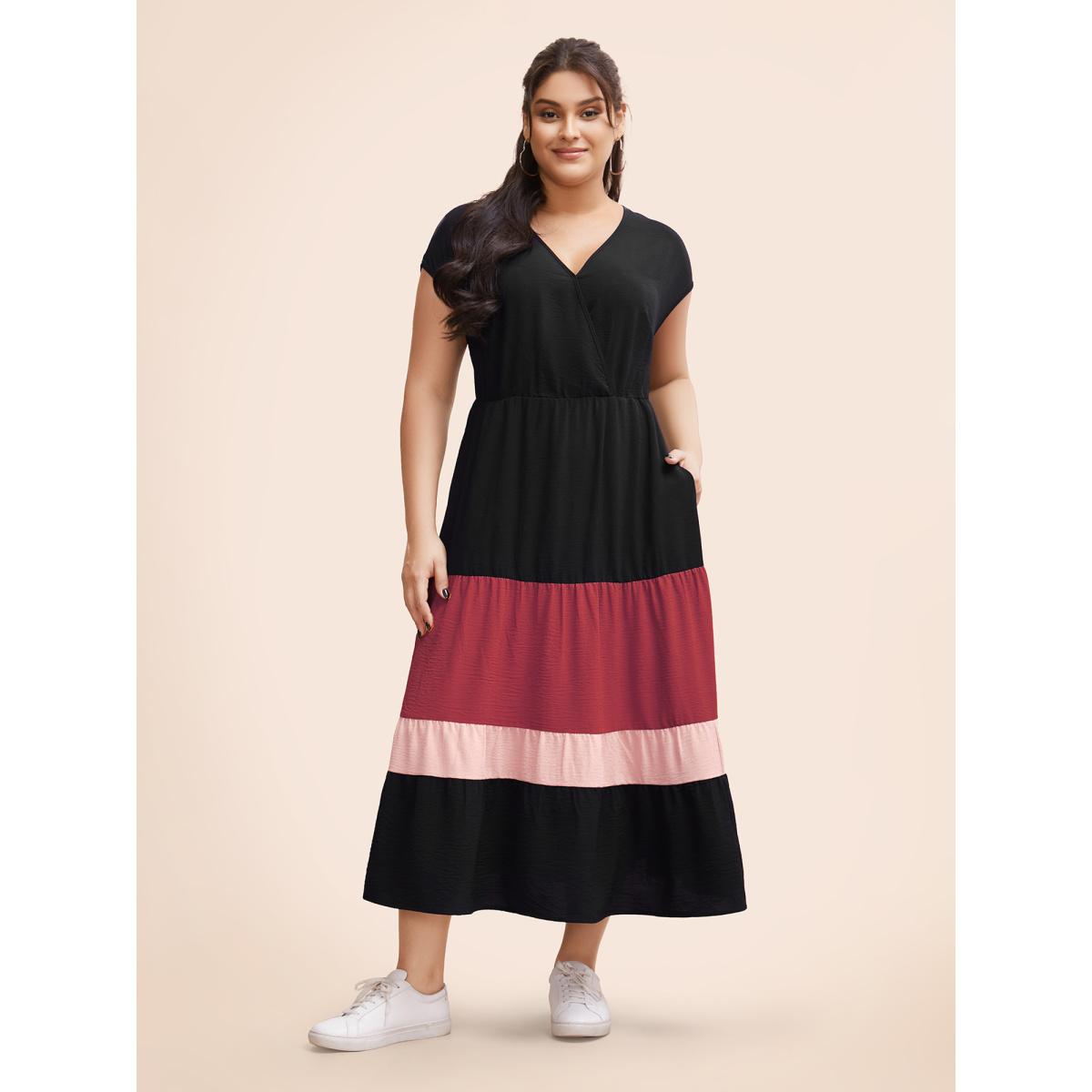 Plus Size Colorblock Contrast Pocket Wrap Flutter Tiered Tank Dress Black Women Casual Wrap V-neck Cap Sleeve Curvy Midi Dress BloomChic 22-24/3X Product Image