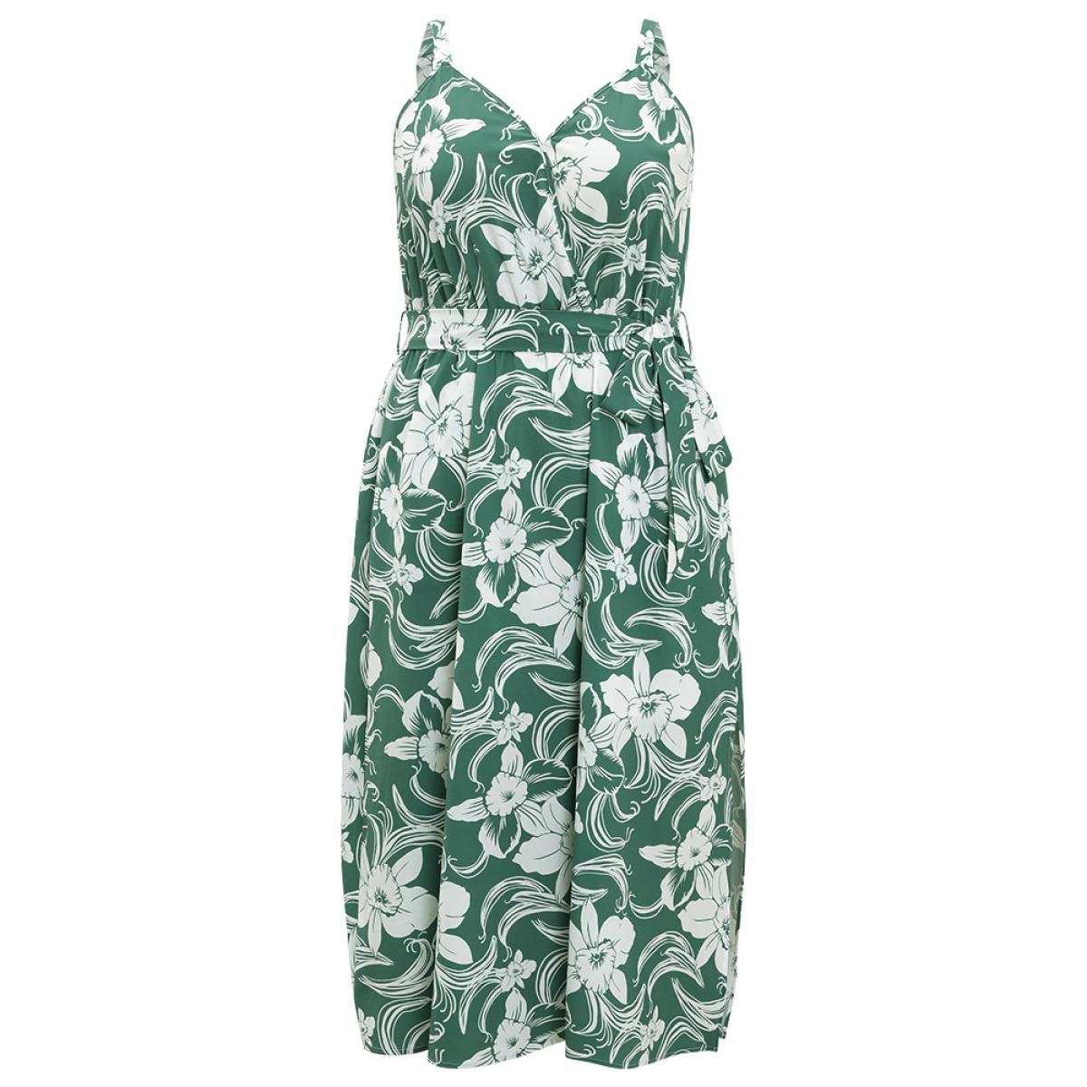 Plus Size Floral Split Flutter Hem Wrap Pocket Belted Cami Dress Green Women Elegant Adjustable Straps V-neck Sleeveless Curvy Midi Dress BloomChic 10/M Product Image