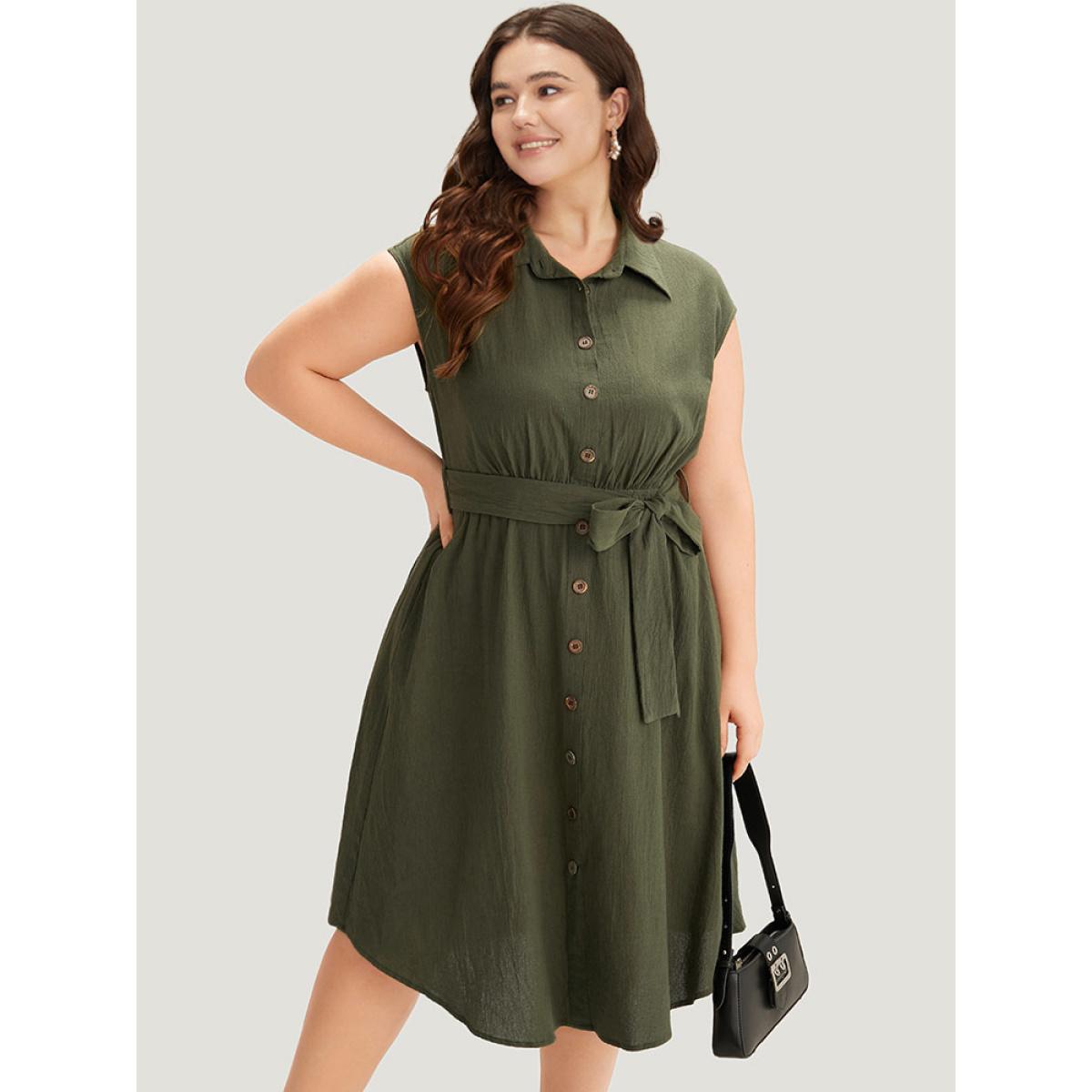 Plus Size Solid Shirt Collar Belted Button Up Tank Dress ArmyGreen Women Office Plain Shirt collar Sleeveless Curvy Knee Dress BloomChic 26/4X Product Image