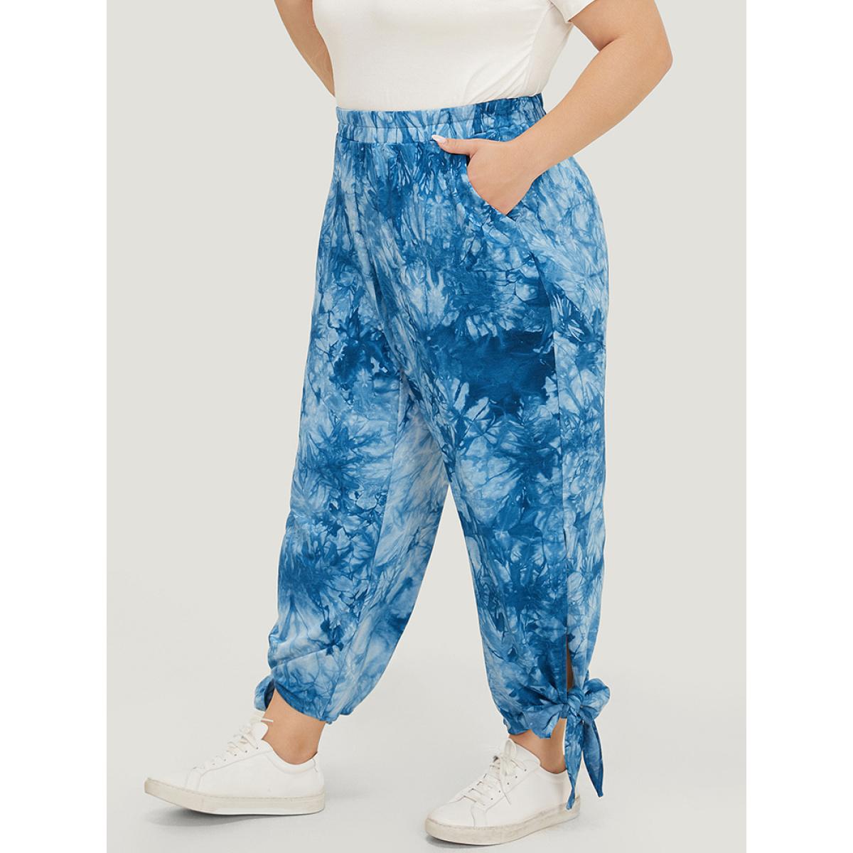 Plus Size Tie Dye Pocket Cut Out Knotted Hem Pants Women Blue Casual Mid Rise Dailywear Pants BloomChic 12/L Product Image
