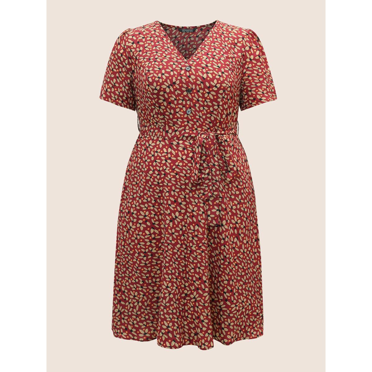 Plus Size Geometric Graphic Button Detail Pocket Dress Burgundy Women At the Office Non V-neck Short sleeve Curvy Midi Dress BloomChic 14-16/1X Product Image