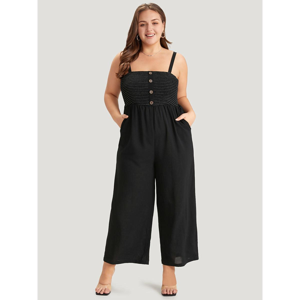 Plus Size Black Striped Patchwork Pocket Button Detail Shirred Cami Jumpsuit Women Casual Sleeveless Spaghetti Strap Dailywear Loose Jumpsuits BloomChic 28/5X Product Image