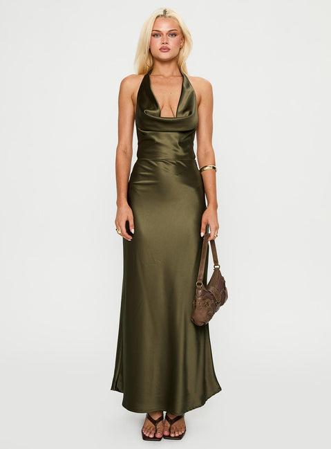 Iridescent Plunge Maxi Dress Olive Green Product Image