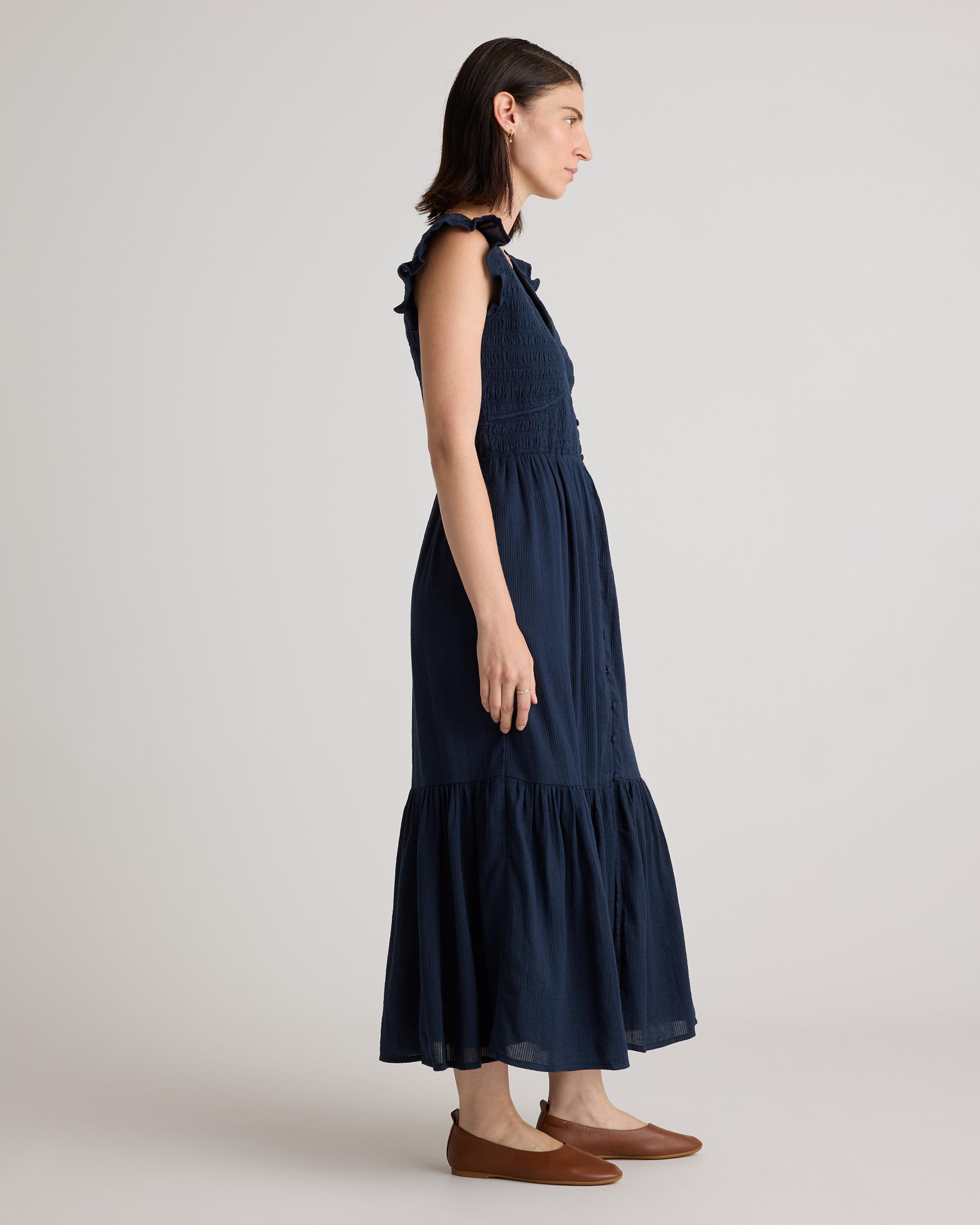 Quince | Women's Organic Textured Cotton Smocked V-Neck Midi Dress Size XS, Organic Cotton Product Image