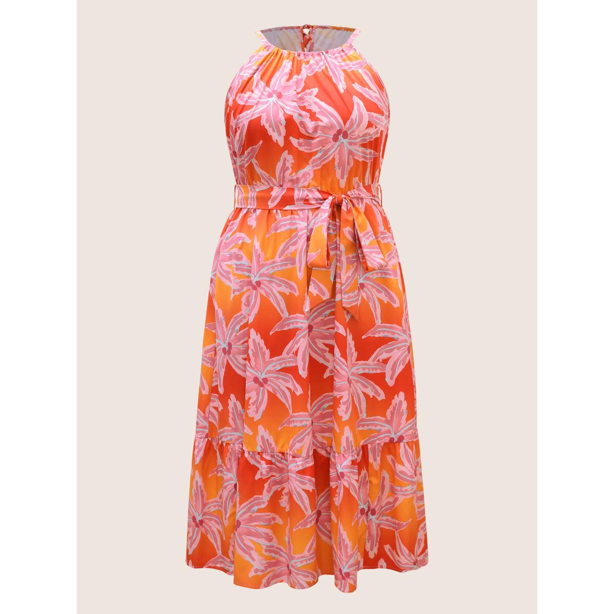 Plus Size Tropical Hand Painted Halter Belt Gathered Dress Pink Women Resort Gathered Halter neck Sleeveless Curvy BloomChic 14-16/1X Product Image