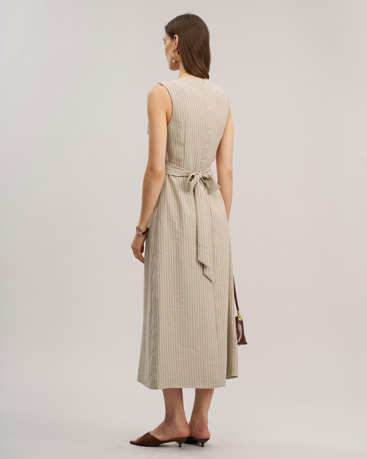 Khaki Striped V-Neck Sleeveless Maxi Dress Product Image