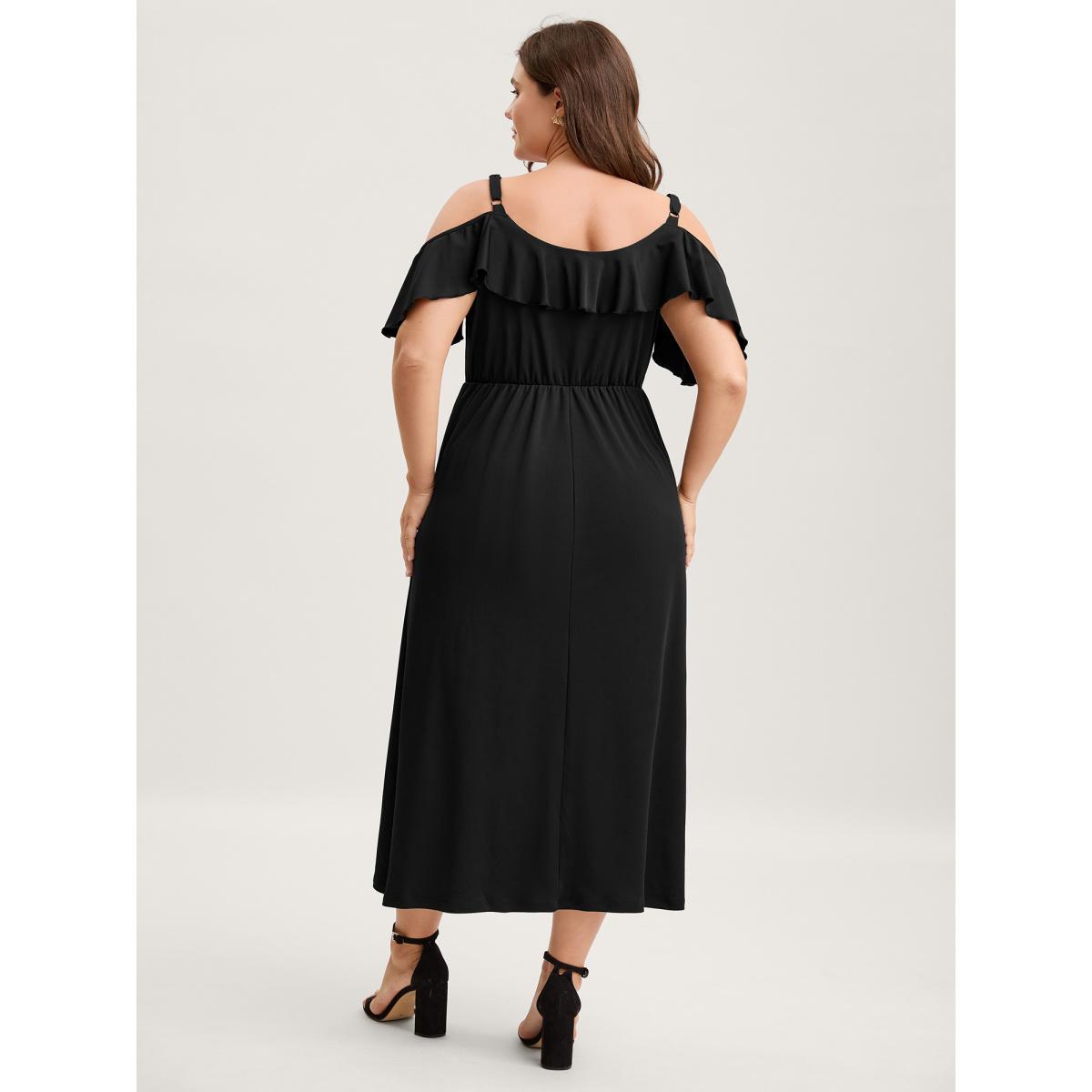 Plus Size Pleated Ruffled Off-Shoulder Midi Dress Black Women One-shoulder neck Short sleeve Curvy BloomChic 22-24/3X Product Image