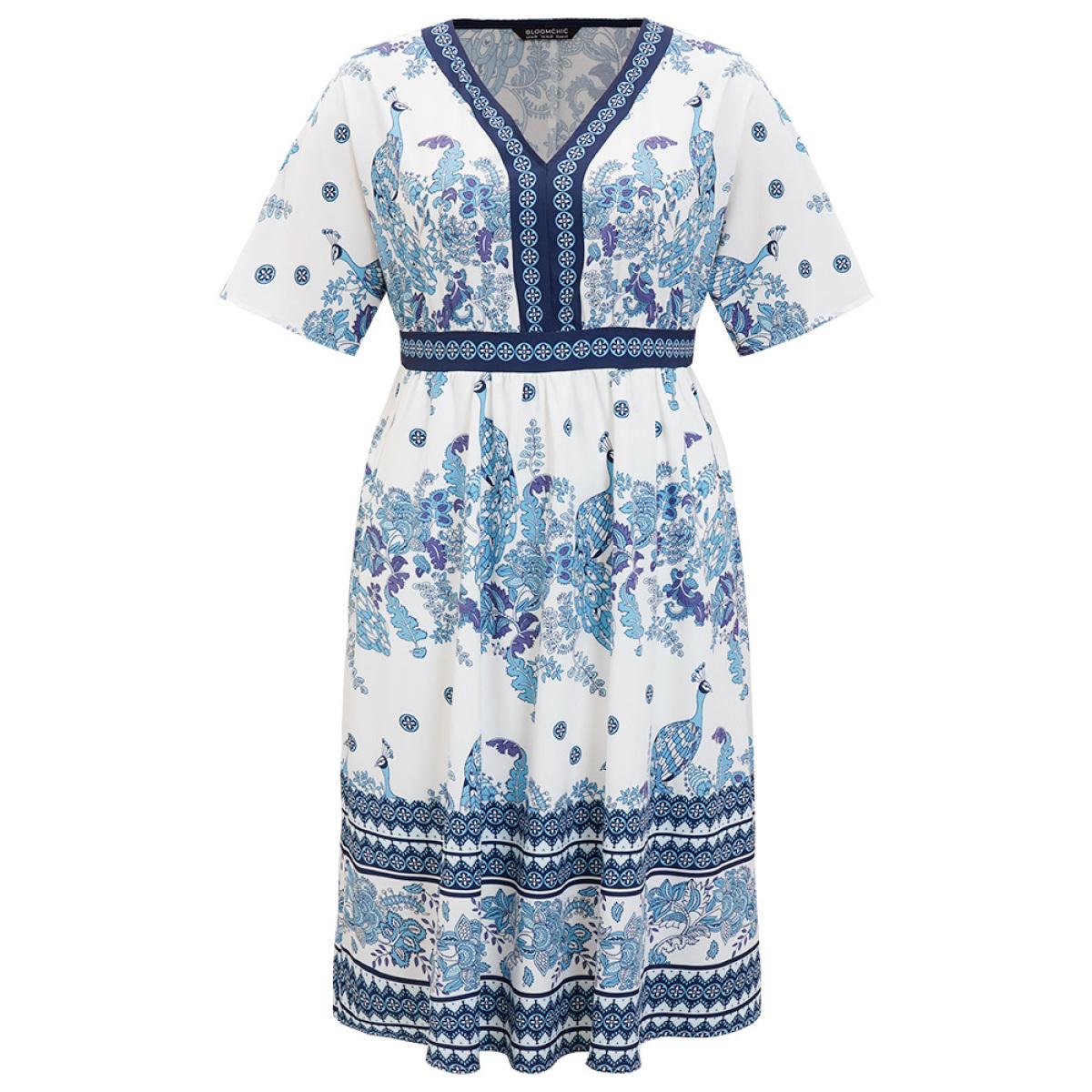 Plus Size Bandana Print Ruffles Pocket Batwing Sleeve Dress Indigo Women Vacation Lined V-neck Half Sleeve Curvy Midi Dress BloomChic 12/L Product Image