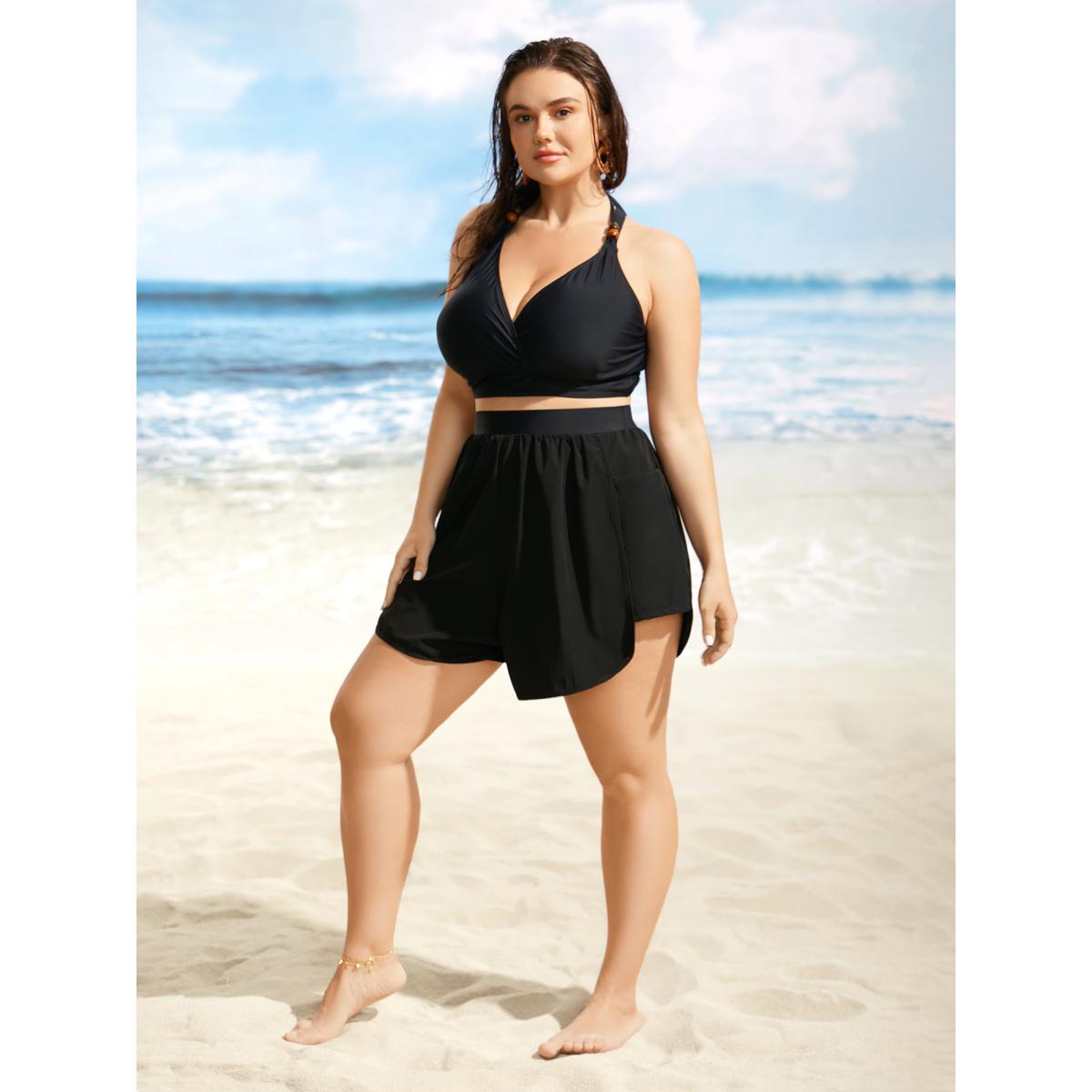 Plus Size Solid High Rise Side Seam Pocket Swim Bottom Women's Swimwear Black Beach Non High stretch Wide Leg High Rise Side seam pocket Curve Swim Bottoms BloomChic 28/5X Product Image